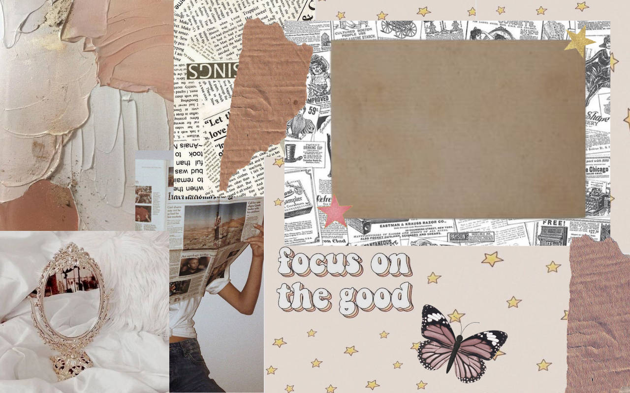 Scrapbook Butterfly, beige aesthetic, torn newspaper clippings, HD Desktop Wallpaper