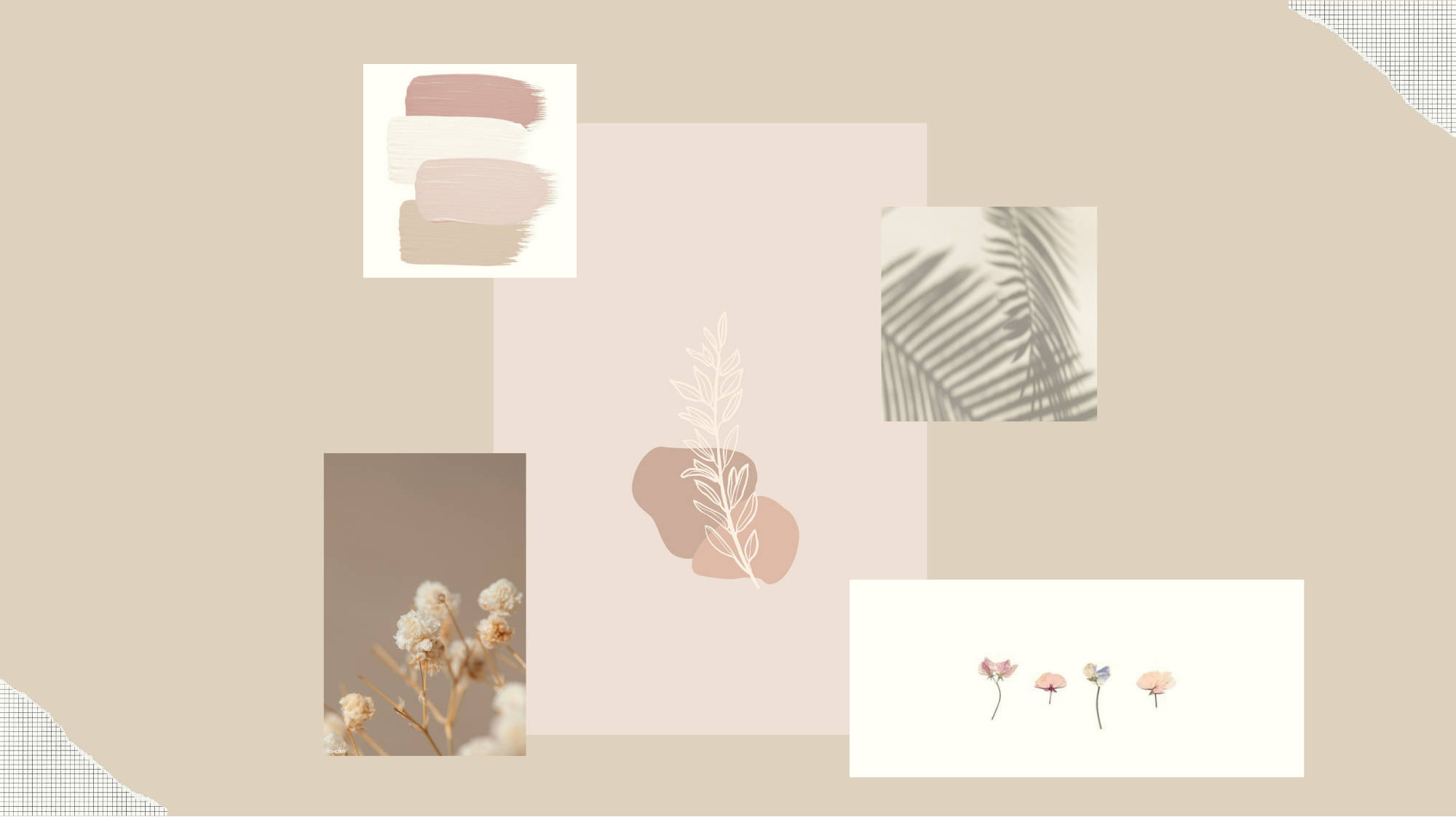 Leafy Beige Aesthetic Laptop, dried flowers, palm fronds, Full HD Desktop Wallpaper