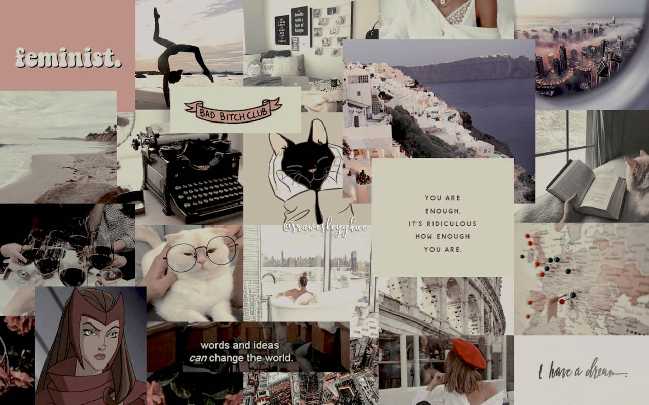 Beige Theme Aesthetic Collage Laptop, feminist imagery, cats, HD Desktop Wallpaper