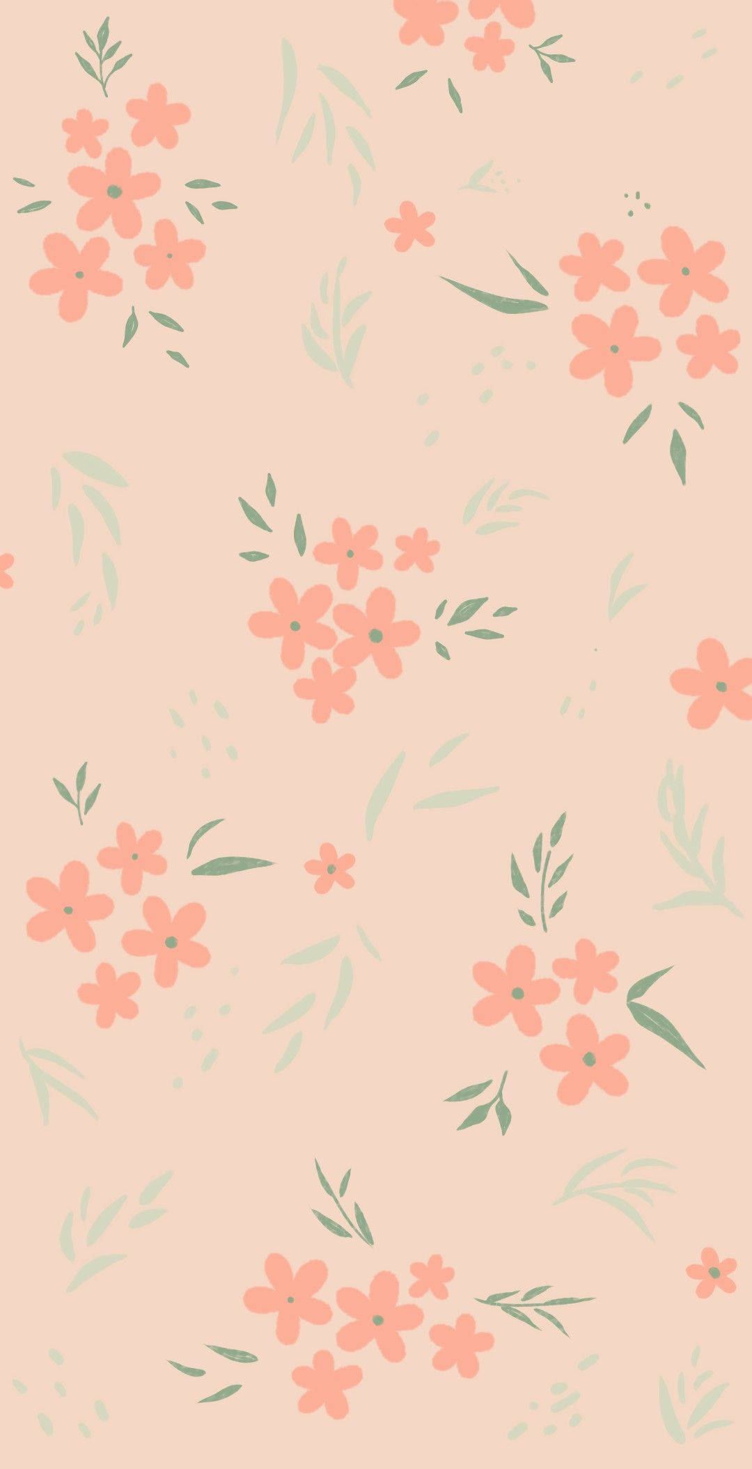 peach background, coral flowers, mint green leaves, Full HD Phone Wallpaper