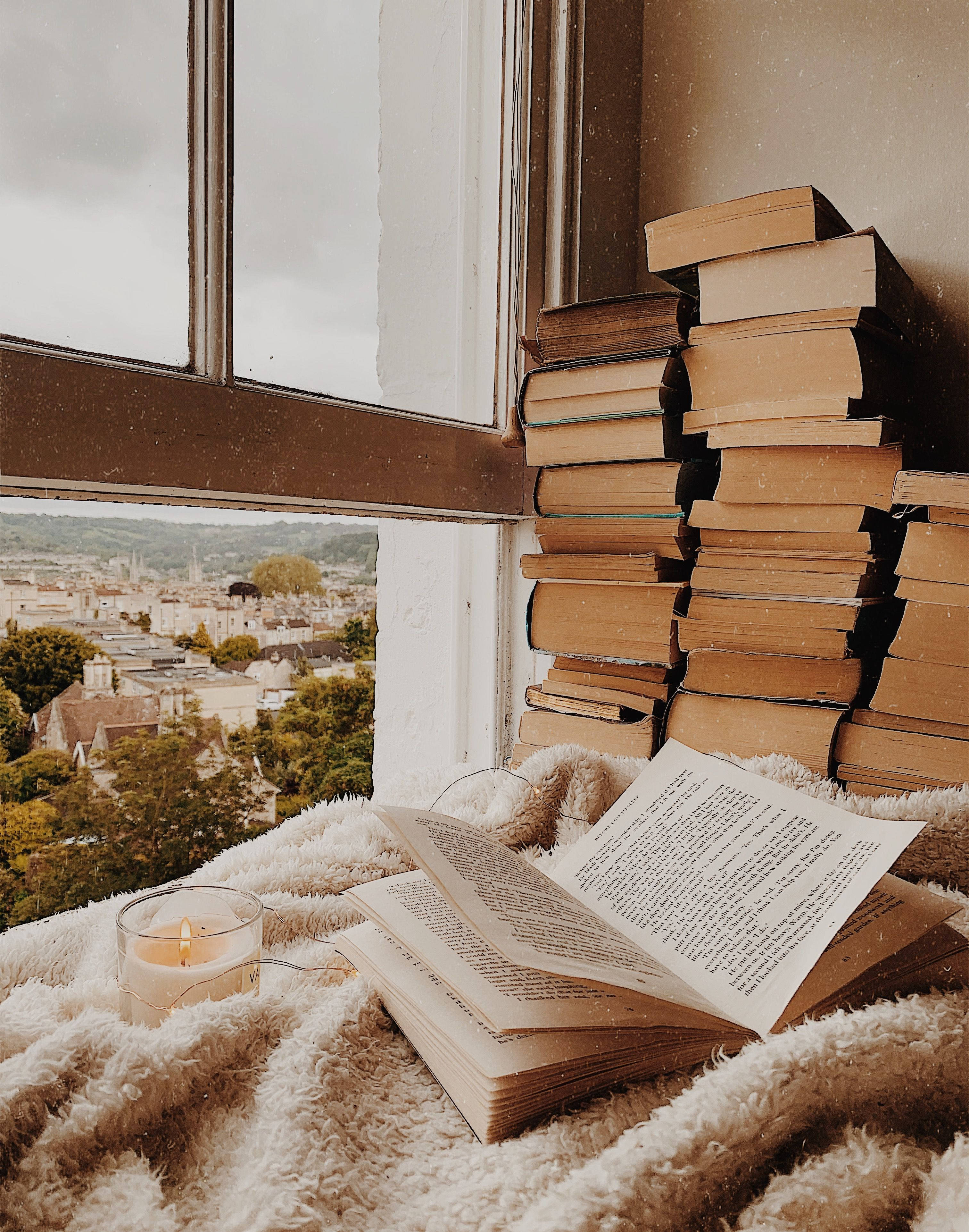 Beige Aesthetic Books, cozy reading nook, window, 4K Phone Wallpaper