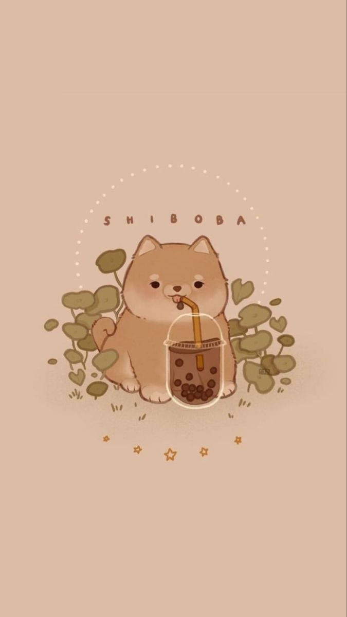 shiba inu puppy, bubble tea, heart-shaped leaves, SD Phone Wallpaper