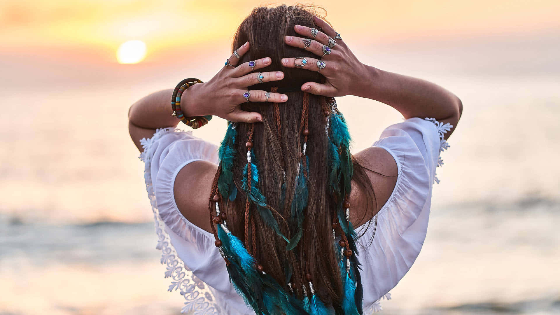 boho chic girl, feathered braids, rings, Full HD Desktop Wallpaper