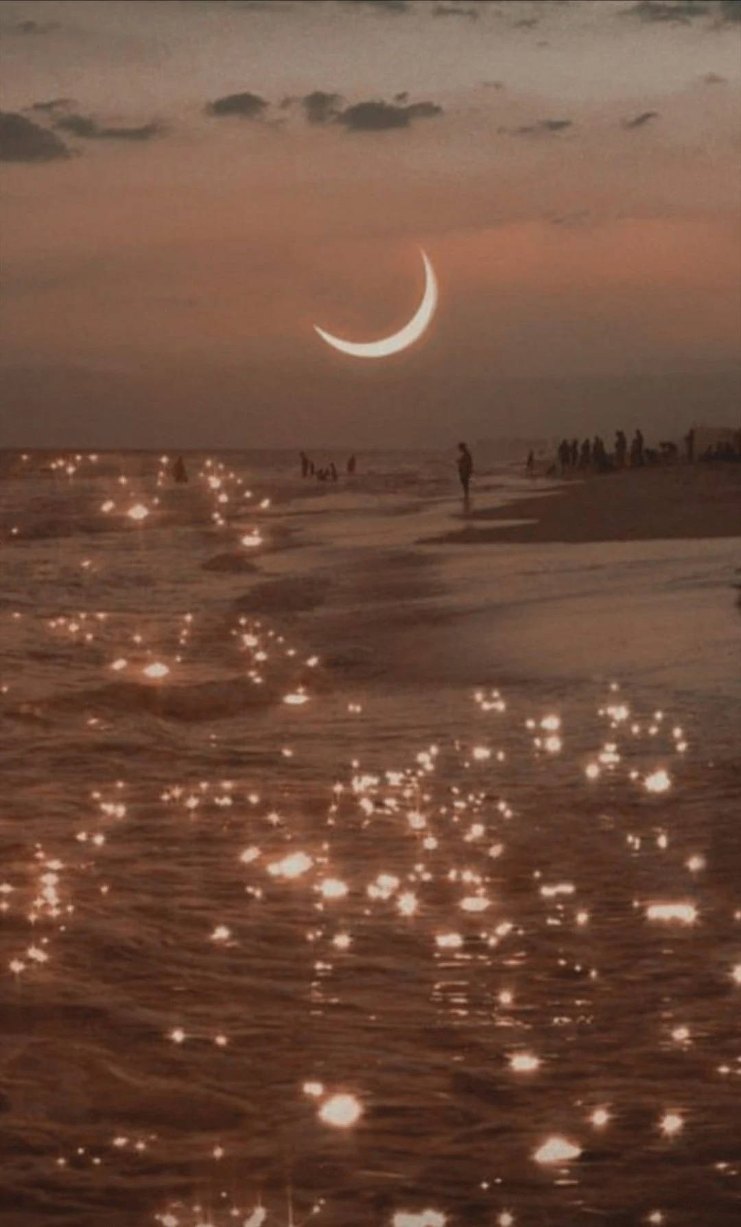 crescent moon, beach, warm twilight sky, HD Phone Wallpaper