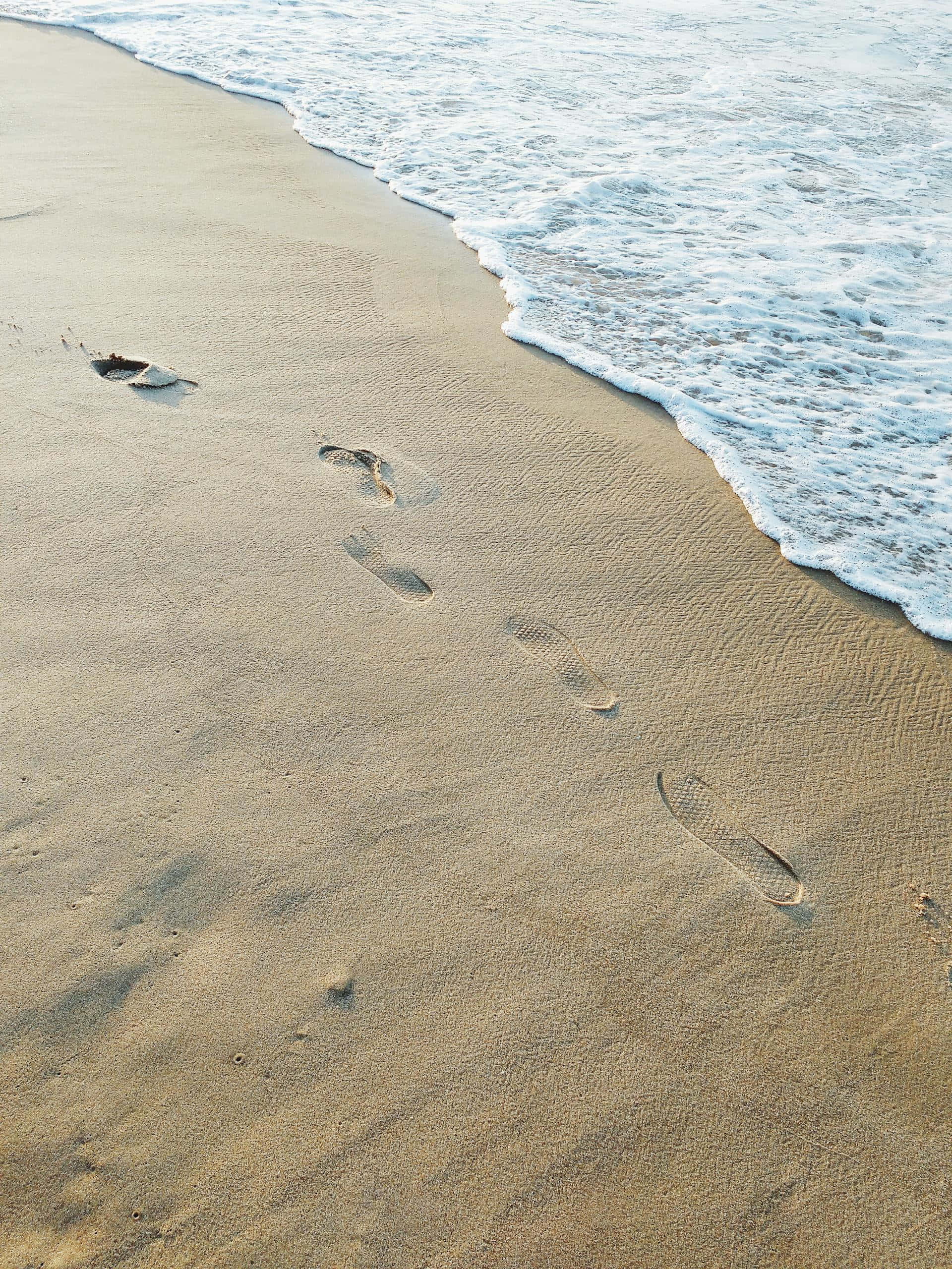 beige beach, footprints, sand waves, 2K Phone Wallpaper