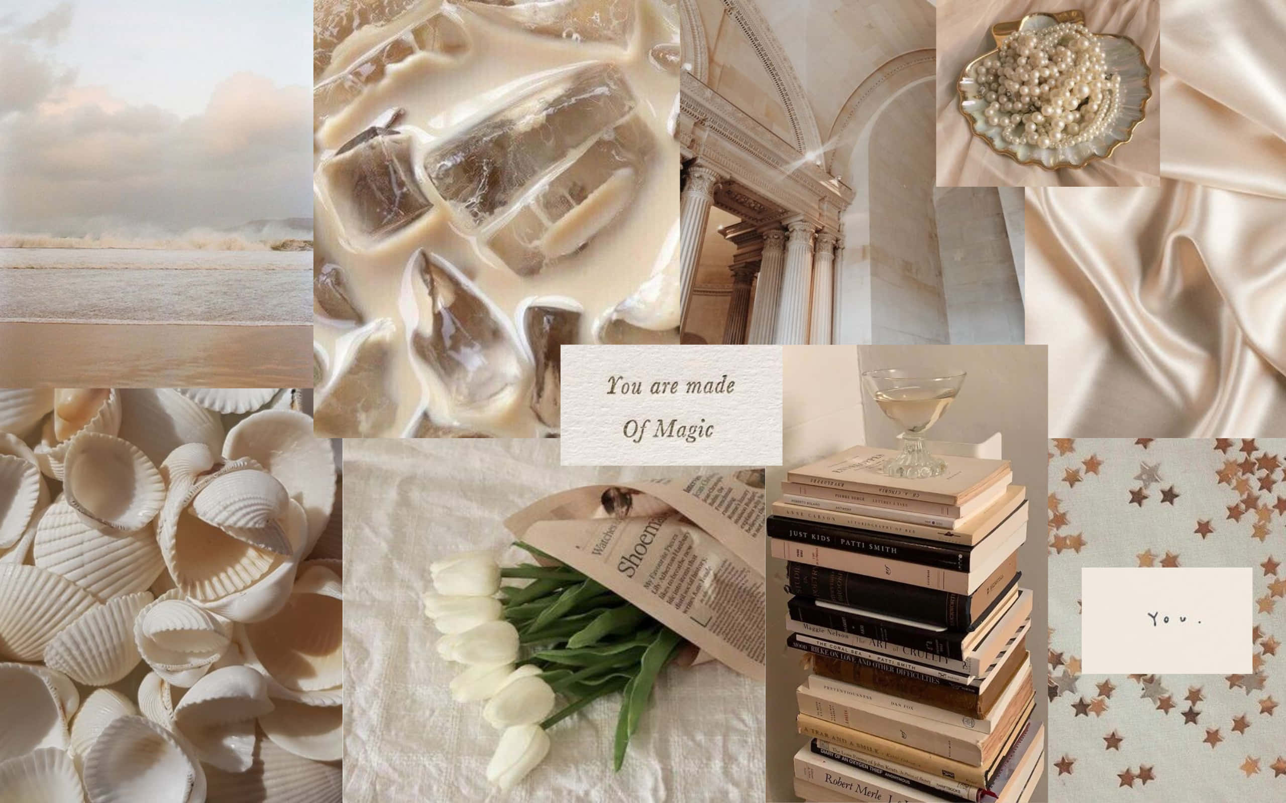 beige, seashells, books, 2K Desktop Wallpaper