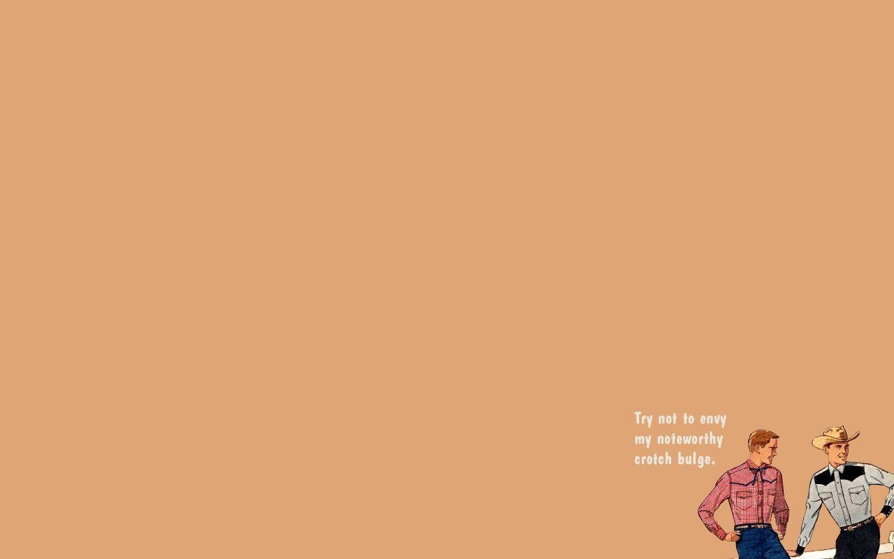 cartoon cowboys, minimalist peach background, text about a crotch bulge, HD Desktop Wallpaper