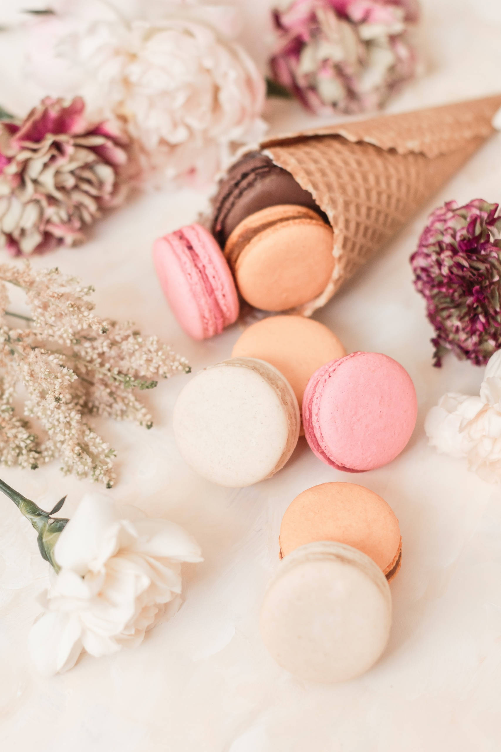 Beige iPhone, pastel macarons, dried flowers, 2K Phone Wallpaper