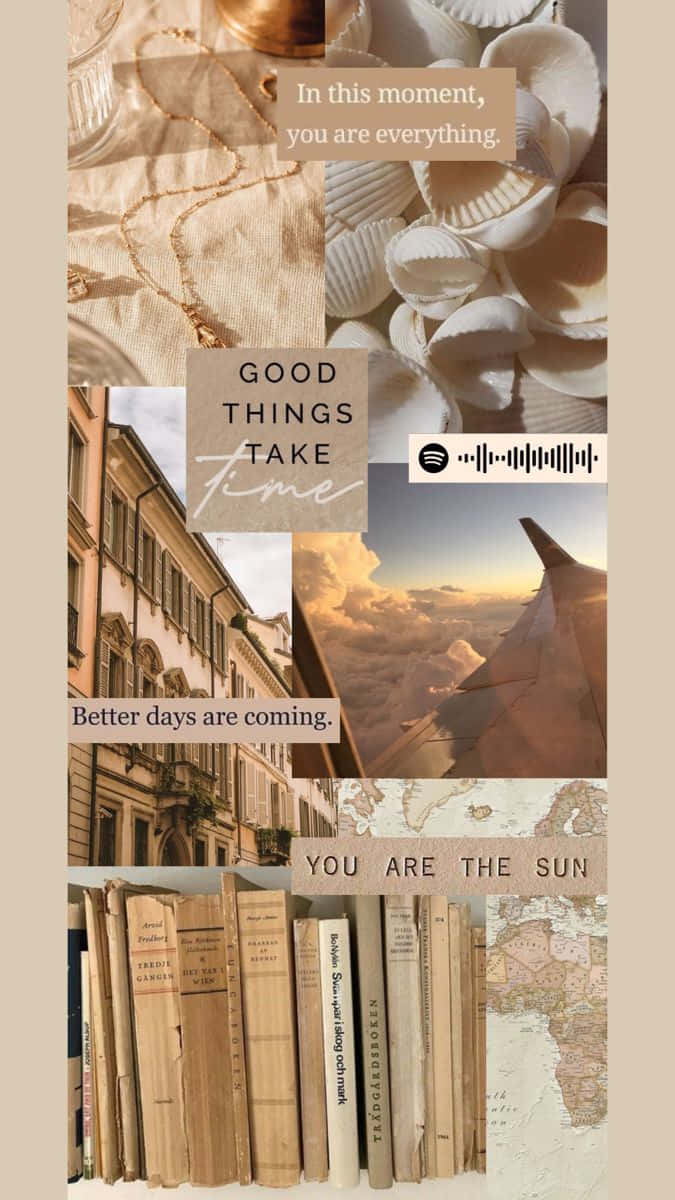 Beige Inspirational Collage Aesthetic, seashells, books, SD Phone Wallpaper