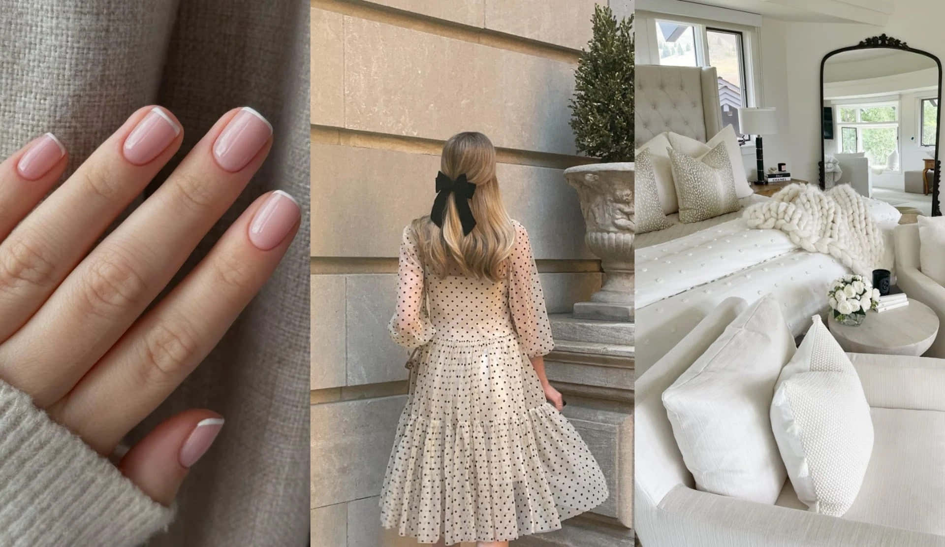 Beige Vanilla Aesthetic Collage, pale pink nails, polka dot dress, Full HD Desktop Wallpaper
