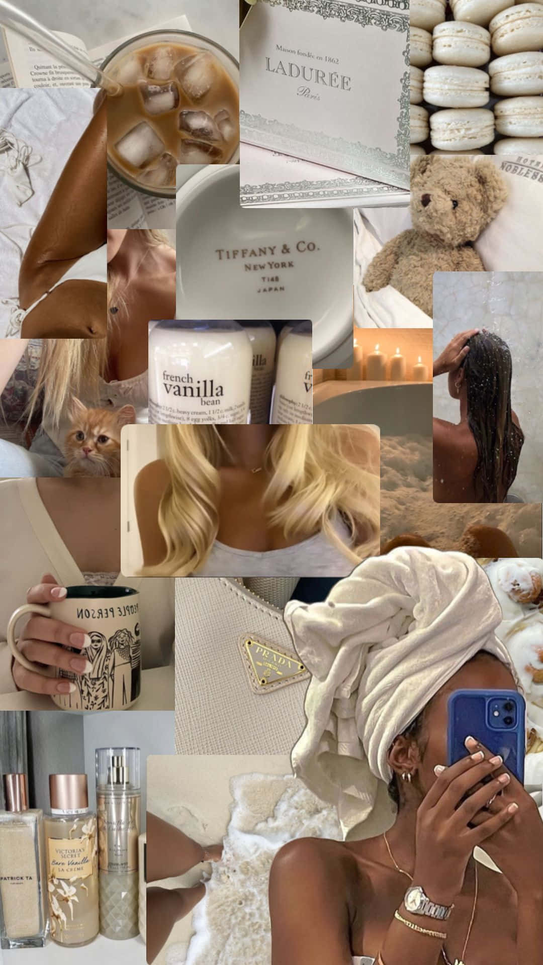 Beige Vanilla Aesthetic Collage, iced coffee, macarons, Full HD Phone Wallpaper