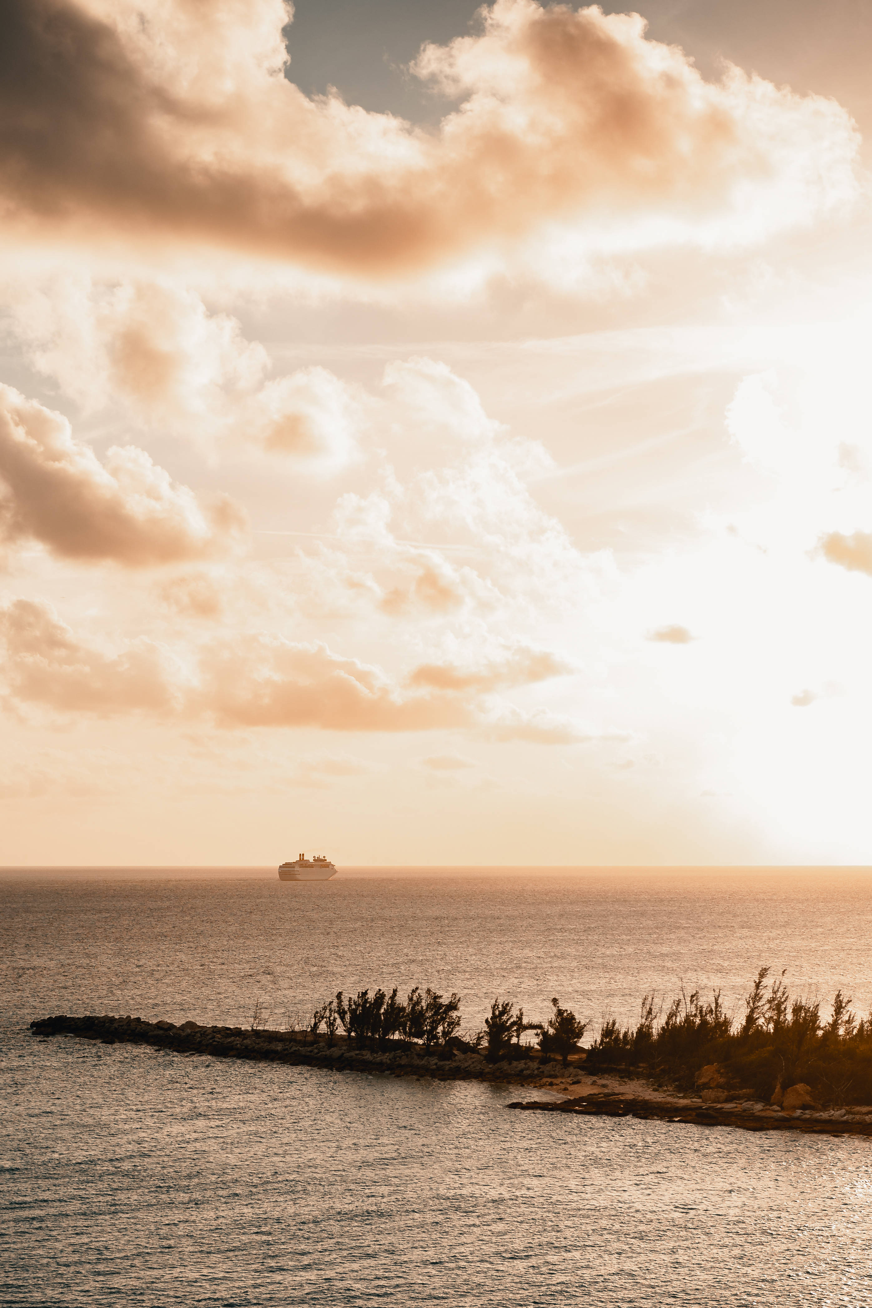 cruise ship, calm ocean waters, sunset, 4K Phone Wallpaper