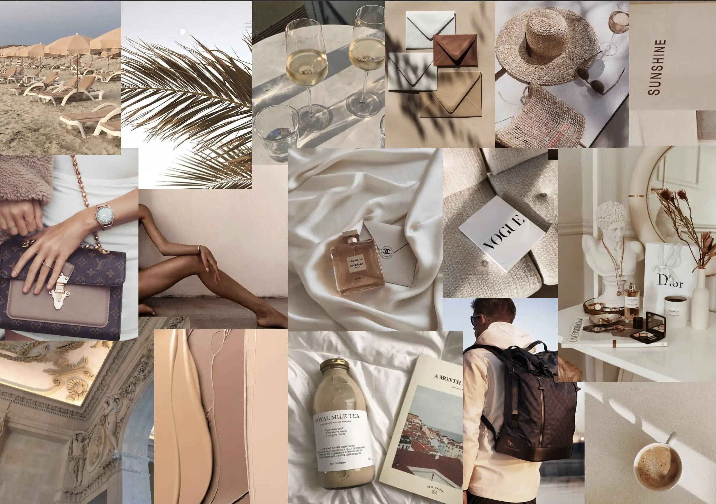 classy beige aesthetic, laptop collage, sunlit beaches, Full HD Desktop Wallpaper