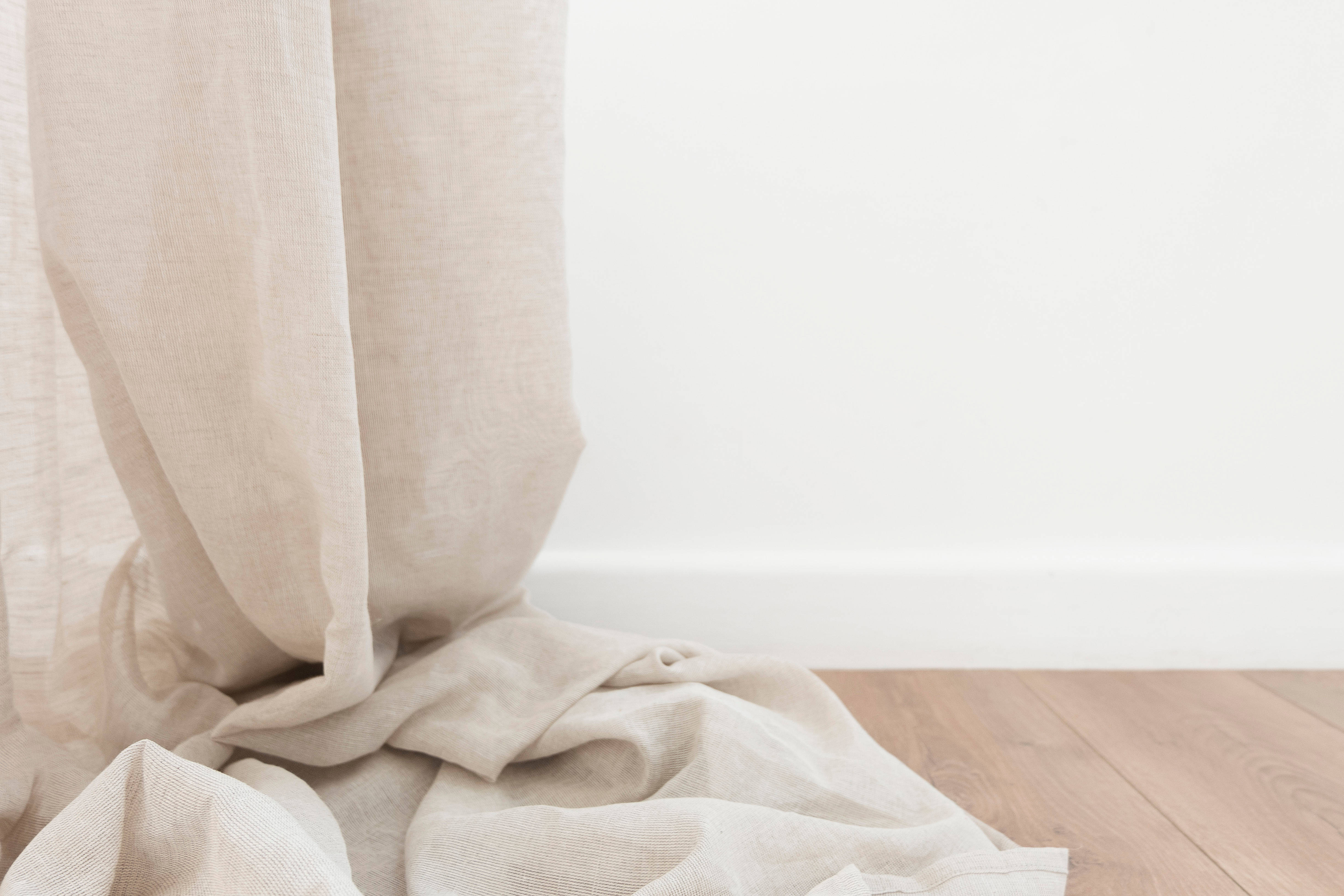beige, linen curtain, minimalist wooden floor, 4K Desktop Wallpaper