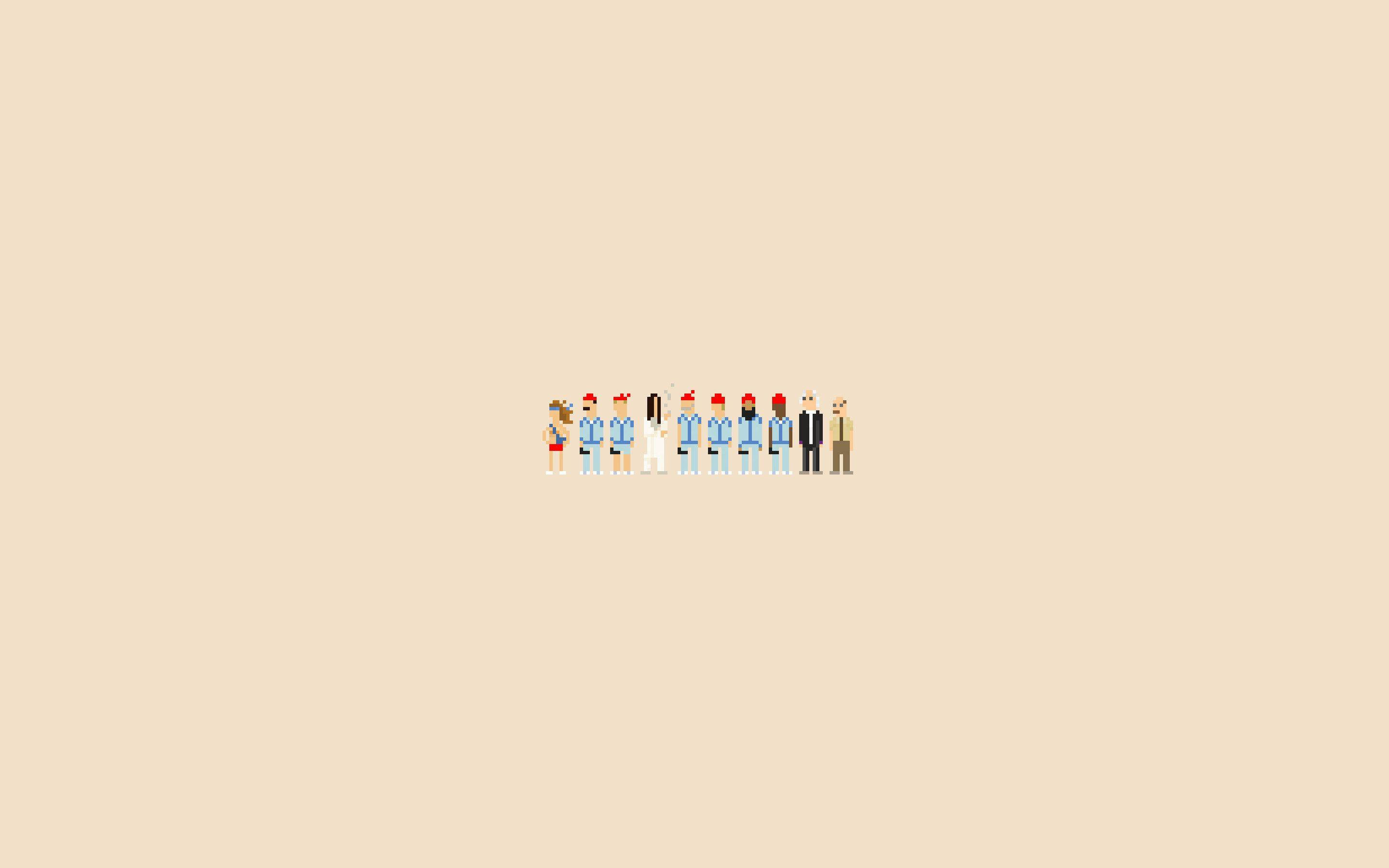 minimalist pixel-art, eight tiny figures, varied outfits, 2K Desktop Wallpaper