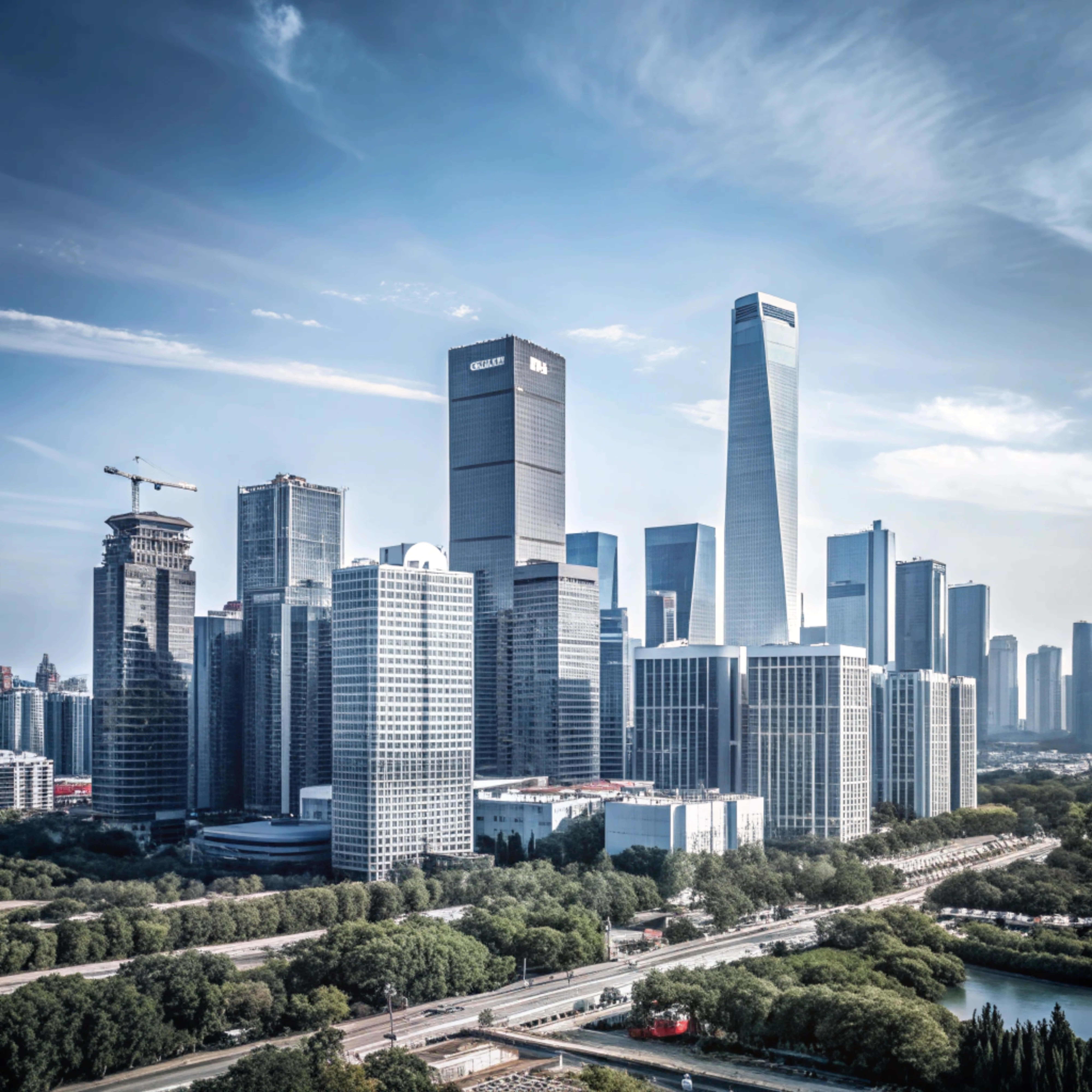 Beijing Skyline, glass skyscrapers, bright blue sky, 8K Desktop Wallpaper
