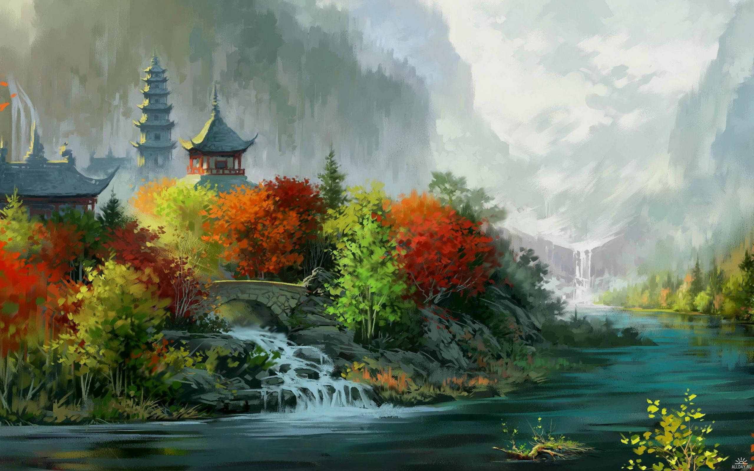 medieval beijing, autumn landscape, traditional pagodas, 2K Desktop Wallpaper