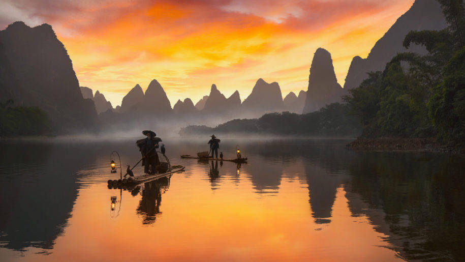 Beijing River, sunset, bamboo rafts, SD Desktop Wallpaper