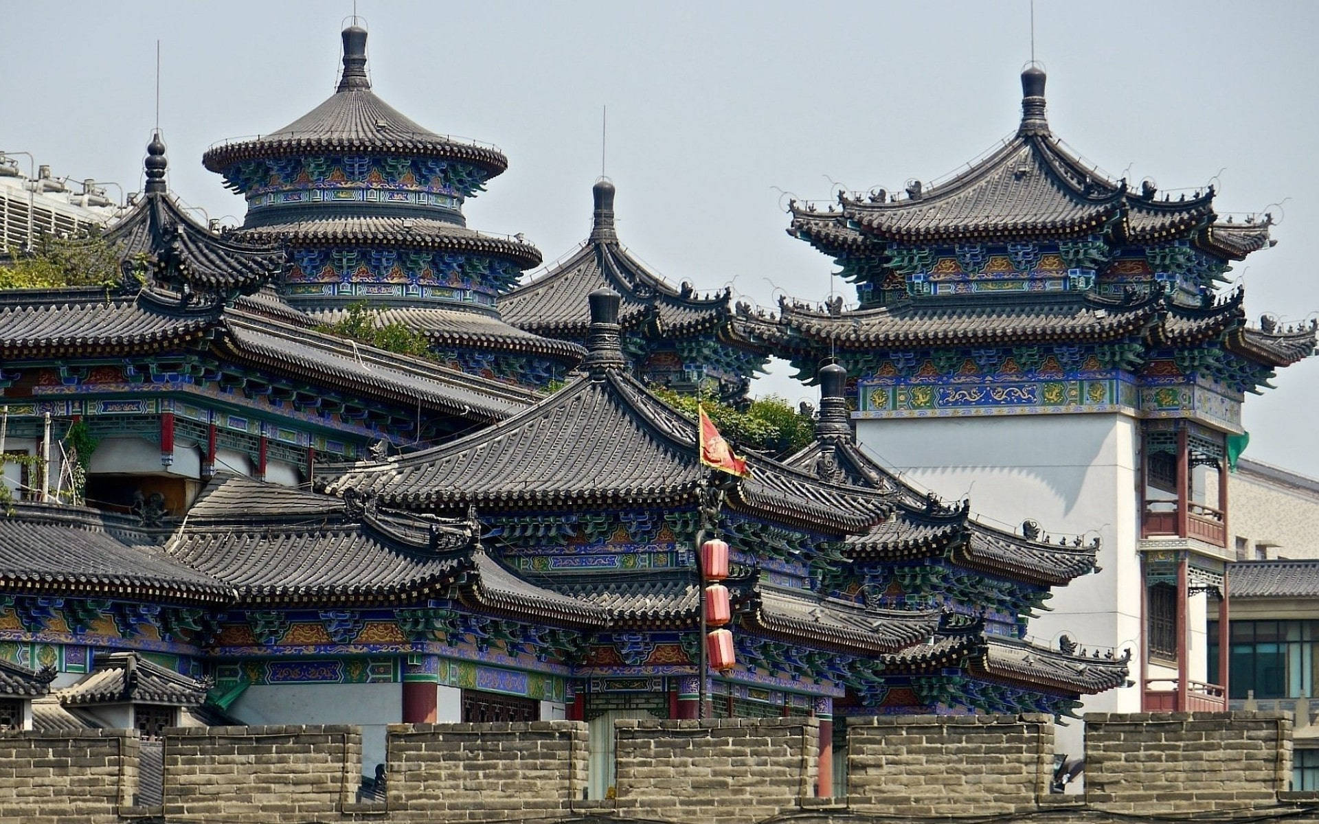 Beijing, Traditional Chinese temple roofs, blue and gold ornamentation, Full HD Desktop Wallpaper