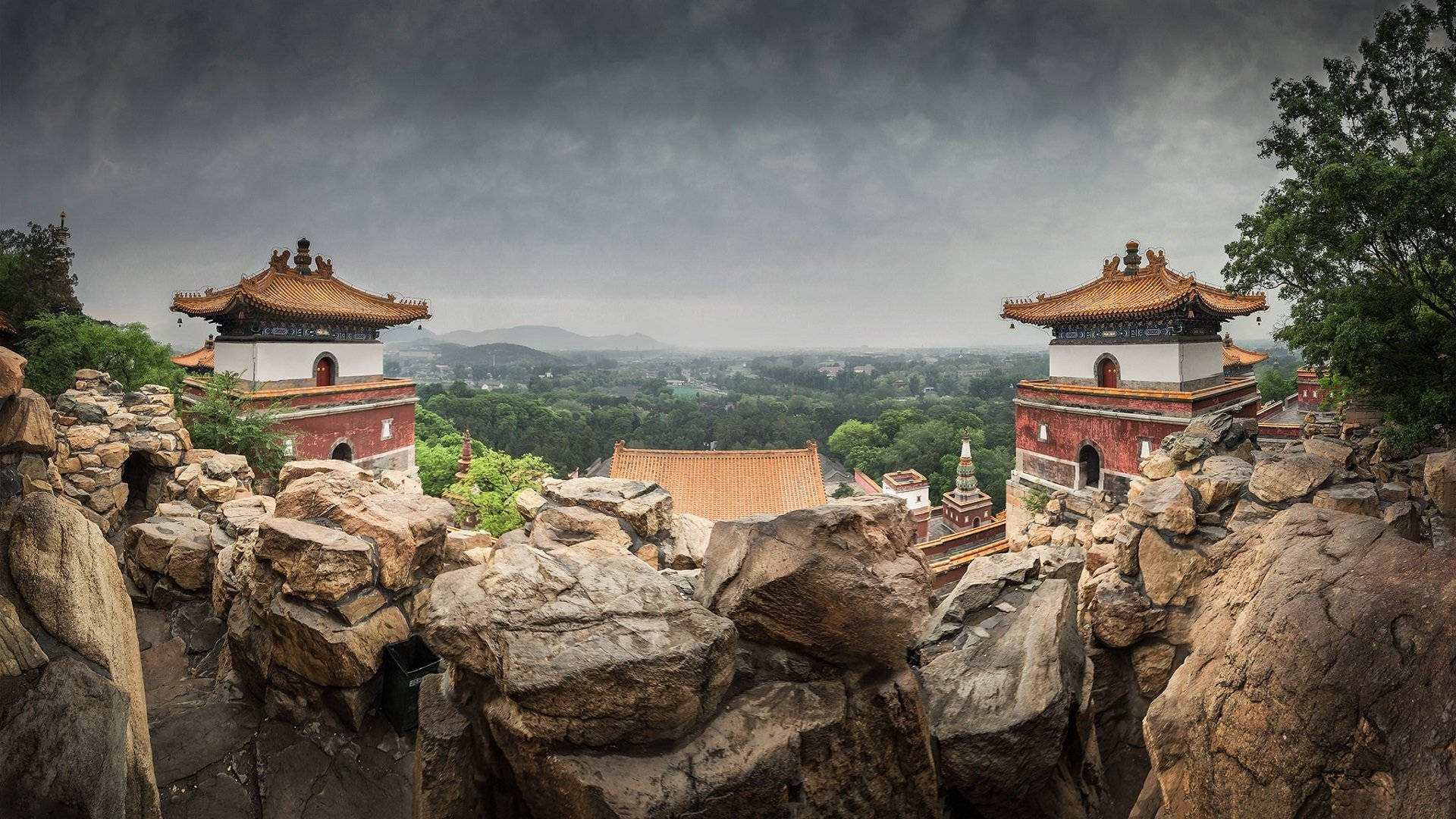 Beijing, ancient Chinese temple structures, orange roofs, Full HD Desktop Wallpaper