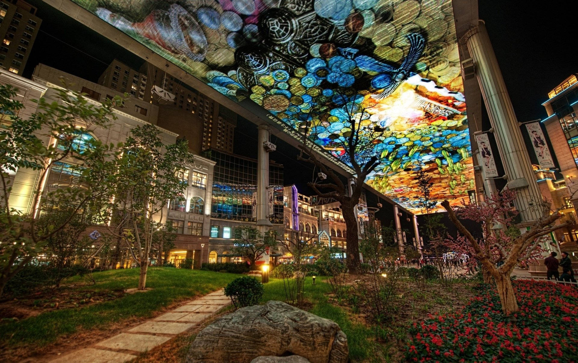 Beijing, outdoor garden art gallery, nighttime urban plaza, Full HD Desktop Wallpaper