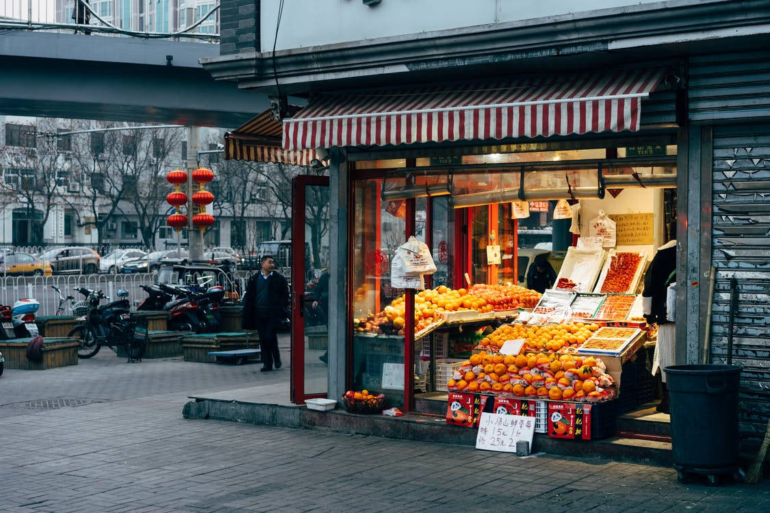 fruit stand, Beijing, red and white striped awning, SD Desktop Wallpaper