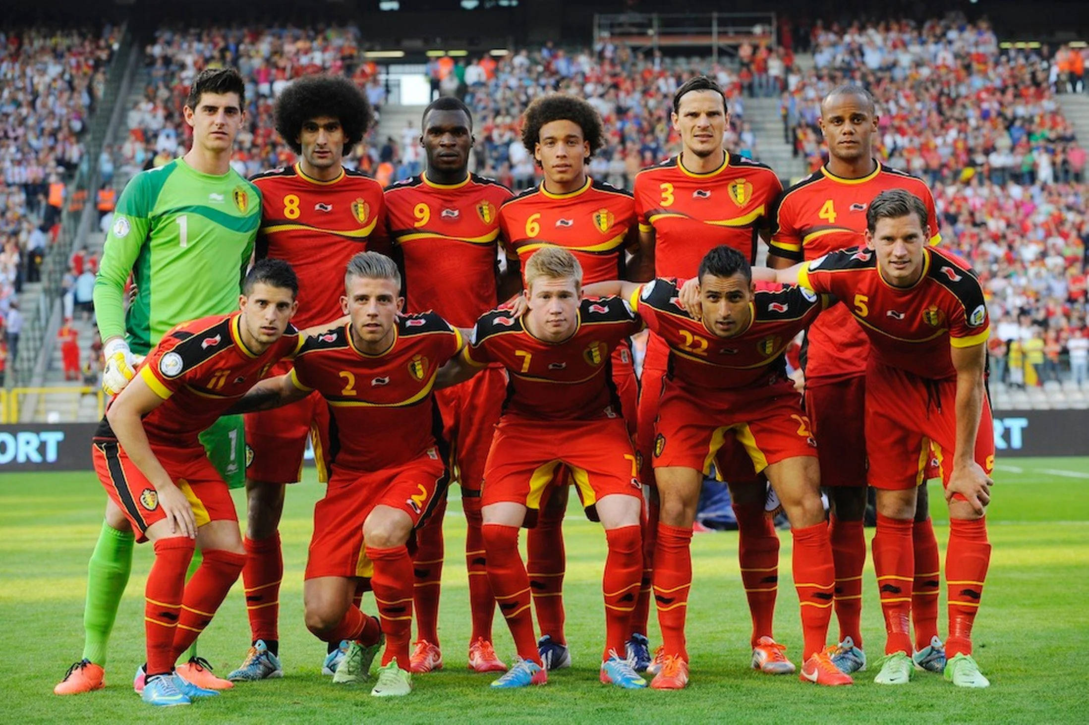 Belgium National Football Team, red uniforms, vibrant green pitch, Full HD Desktop Wallpaper
