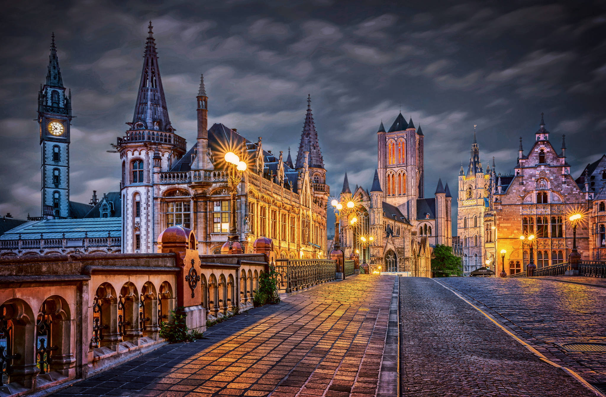 Belgium, medieval buildings, cobblestone street, Full HD Desktop Wallpaper