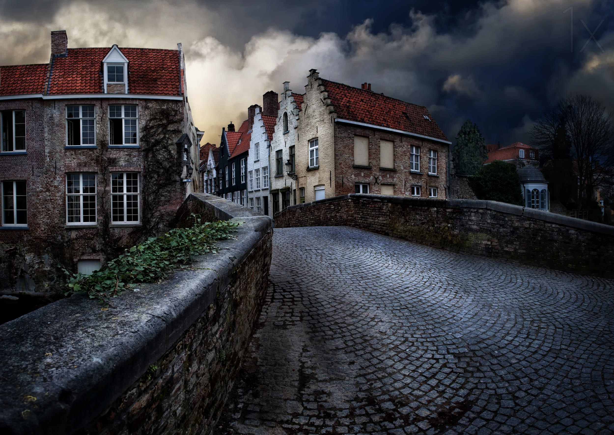 Belgium, cobblestone bridge, stormy sky, Full HD Desktop Wallpaper