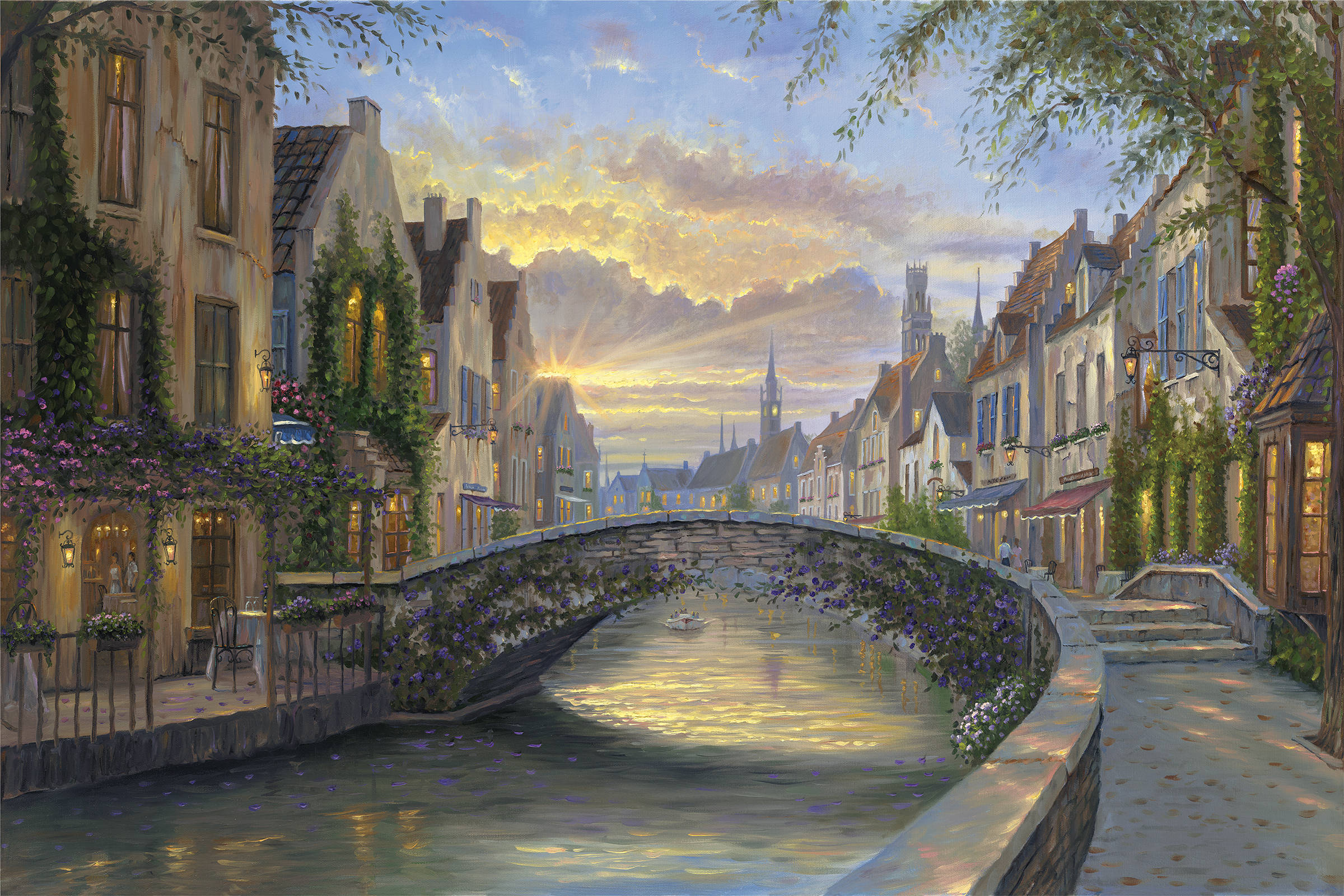Belgium, canal, sunset, Full HD Desktop Wallpaper