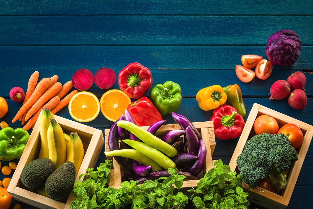 bell pepper, blue wooden platform, fresh fruits and vegetables, HD Desktop Wallpaper