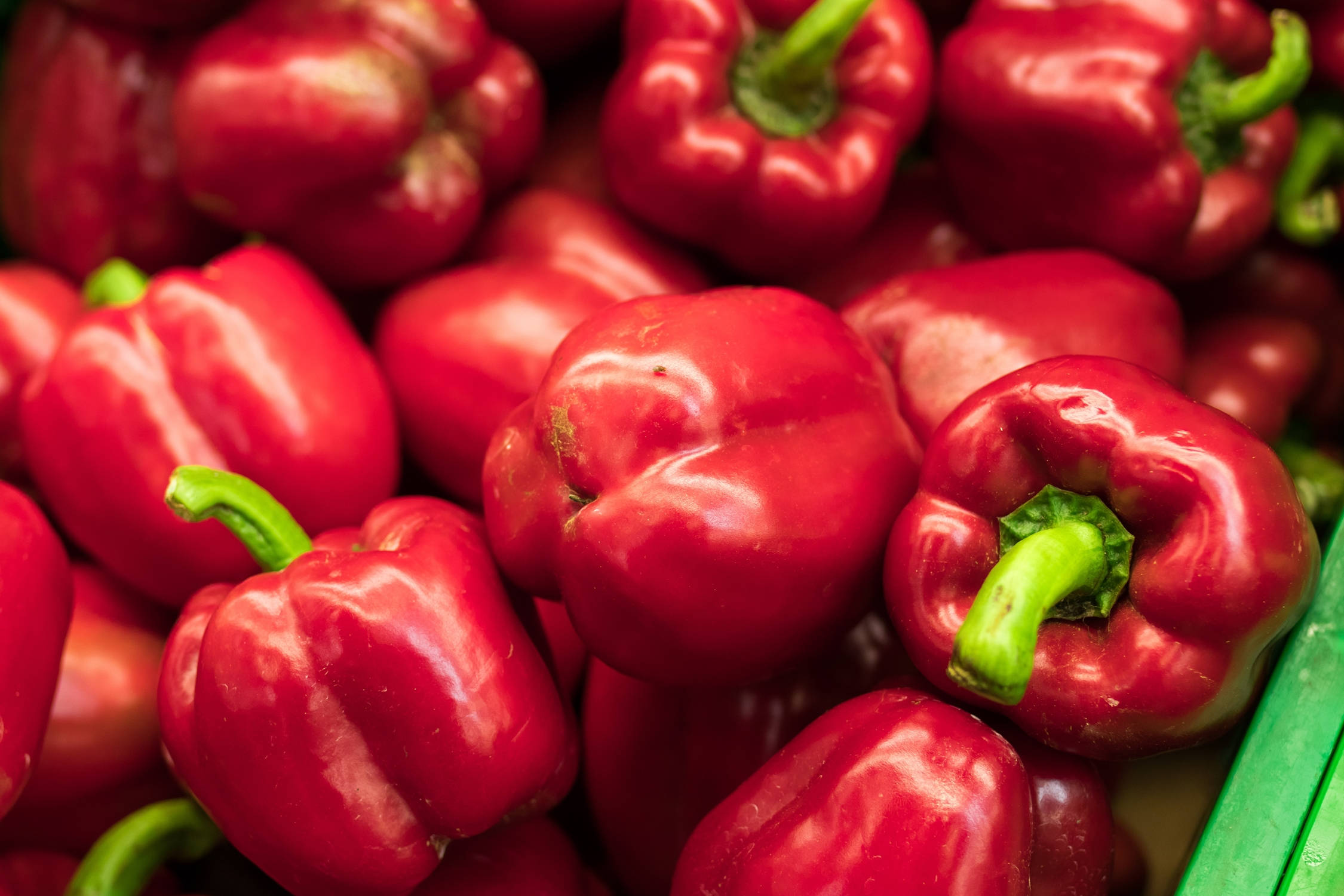 lustrous red bell pepper fruits, vibrant glossy red bell peppers, green stems, Full HD Desktop Wallpaper