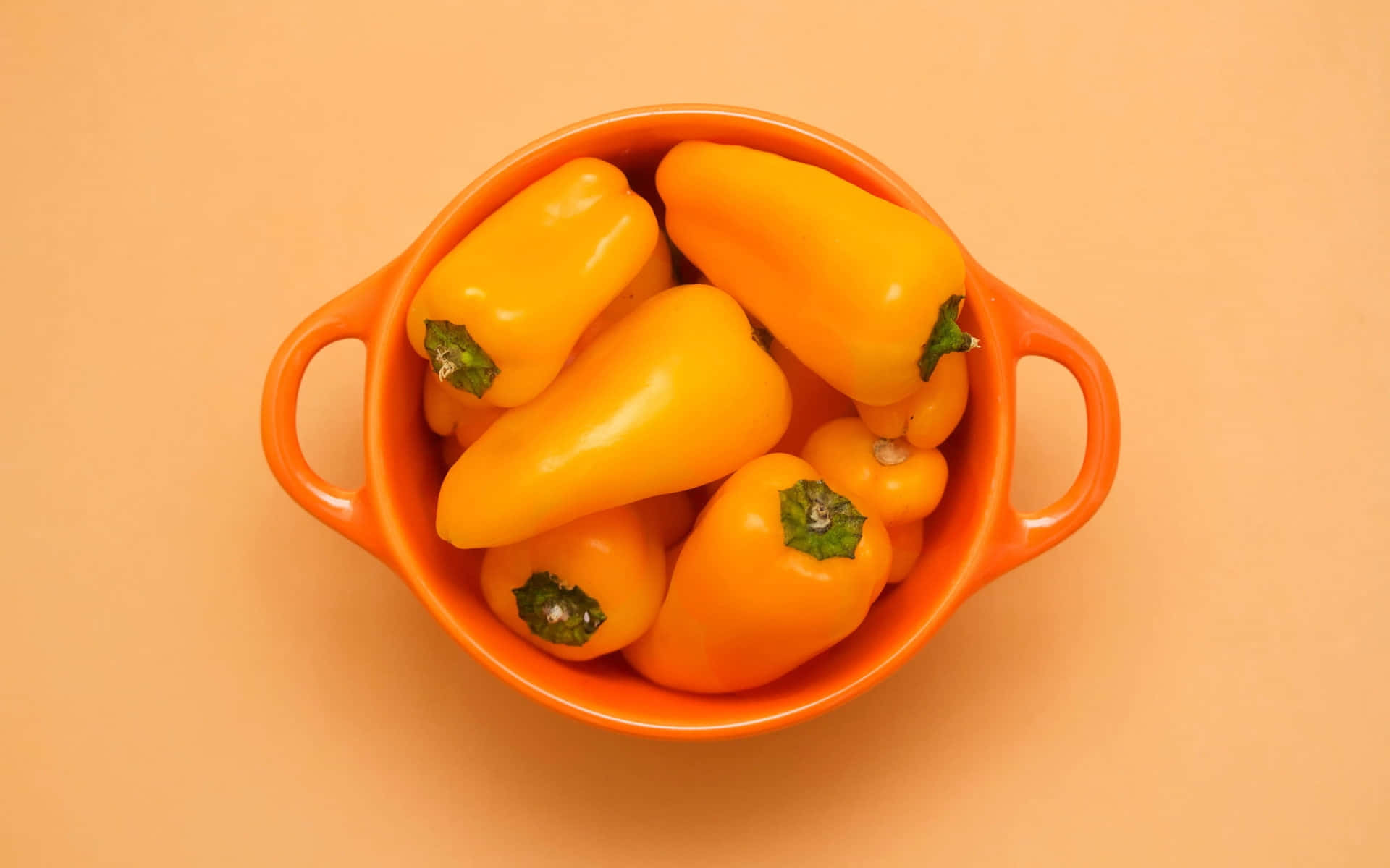 yellow bell pepper, orange bowl, warm peach background, Full HD Desktop Wallpaper