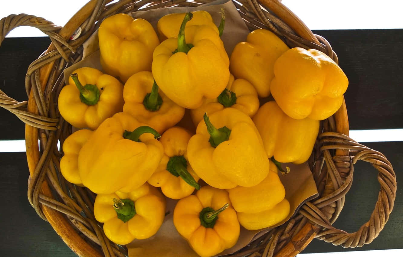 yellow bell pepper, woven basket, vibrant yellow, HD Desktop Wallpaper