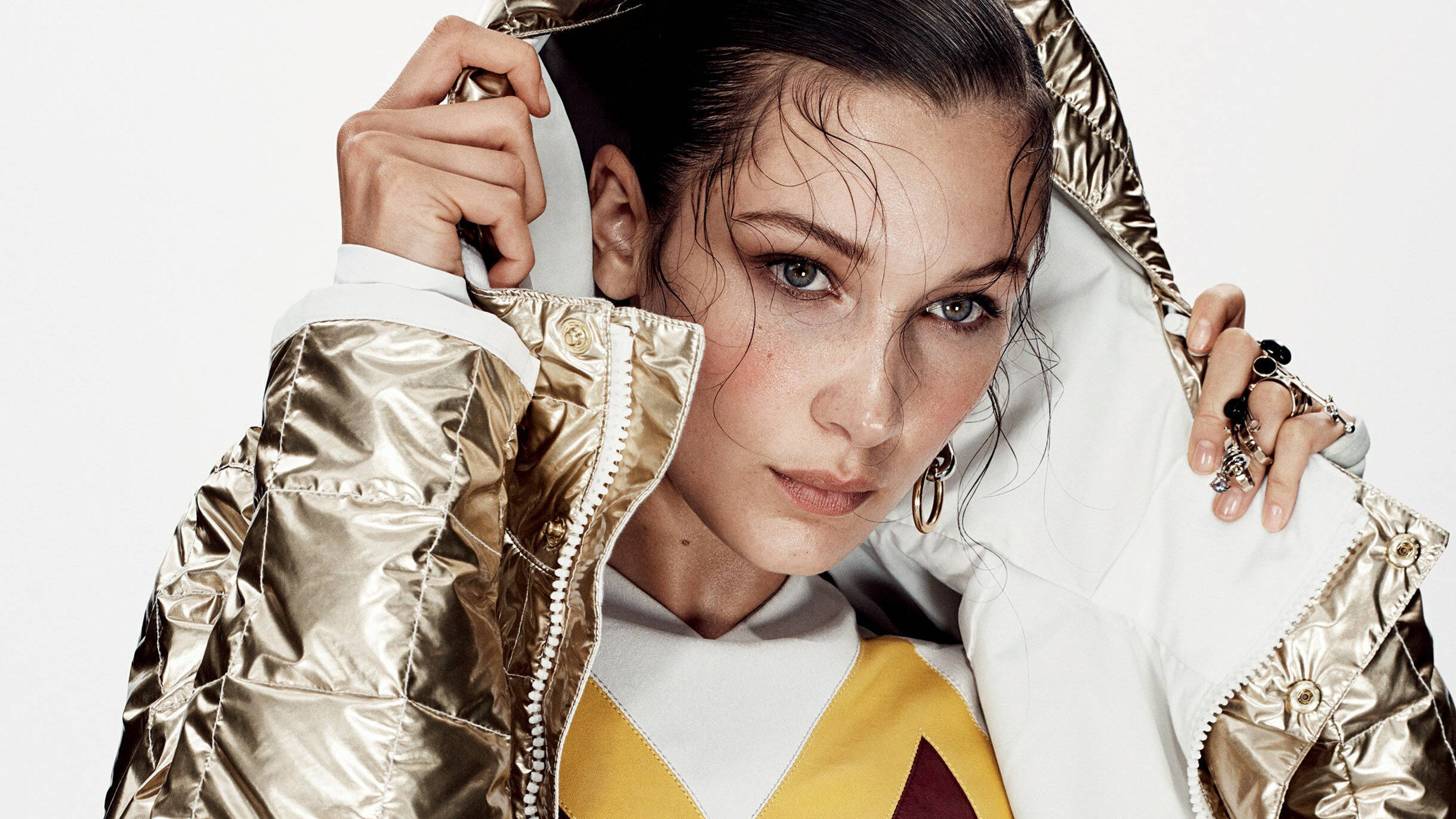 Bella Hadid, shiny gold and white jacket, wet hair, Full HD Desktop Wallpaper