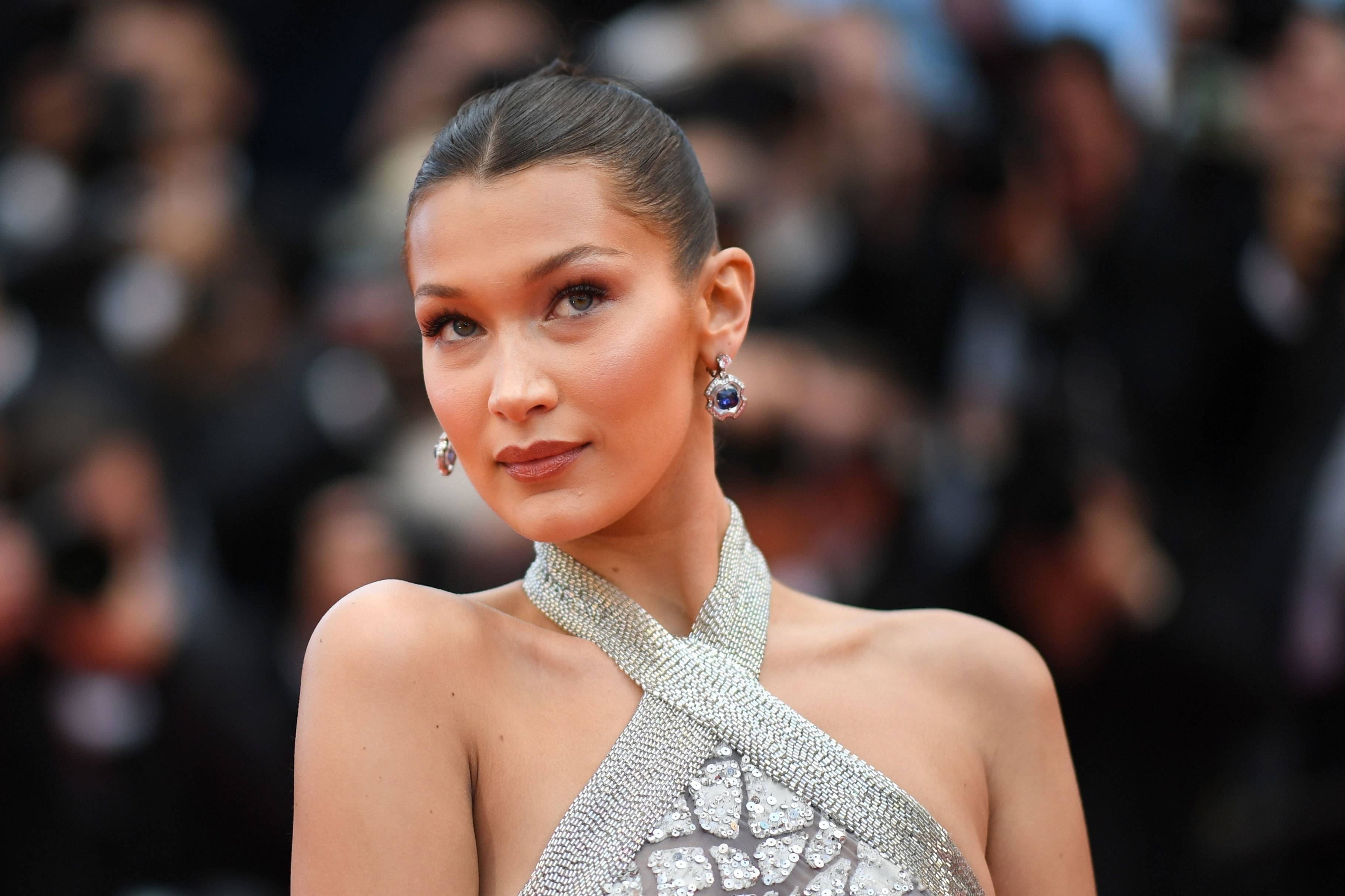 Bella Hadid, sparkling silver gown, red carpet event, 2K Desktop Wallpaper