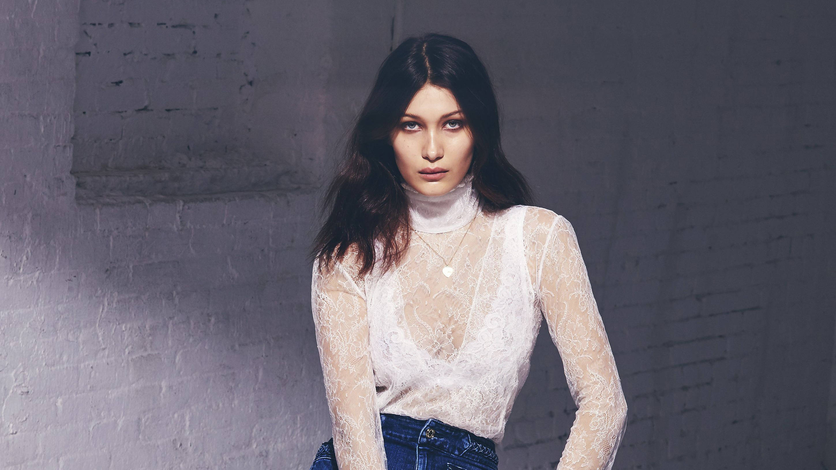 Bella Hadid, white lace top, blue jeans, 2K Desktop Wallpaper