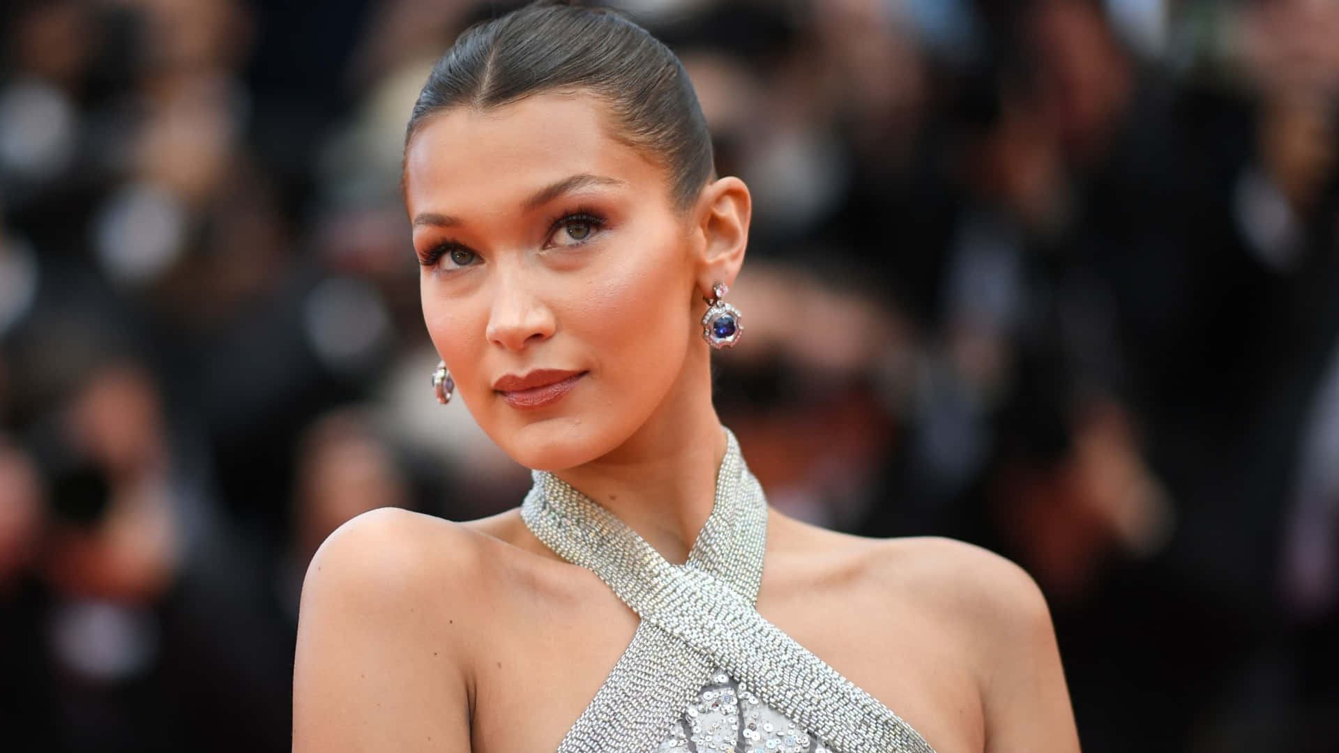 Bella Hadid, sparkling silver gown, red carpet event, Full HD Desktop Wallpaper