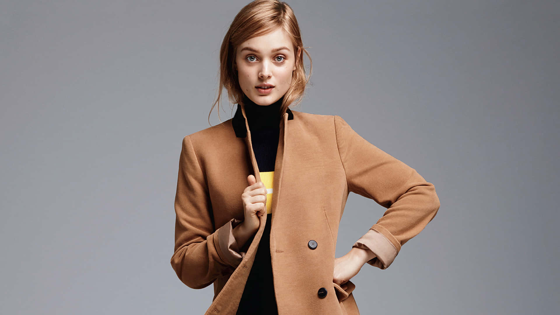 Bella Heathcote, camel coat, black turtleneck, Full HD Desktop Wallpaper
