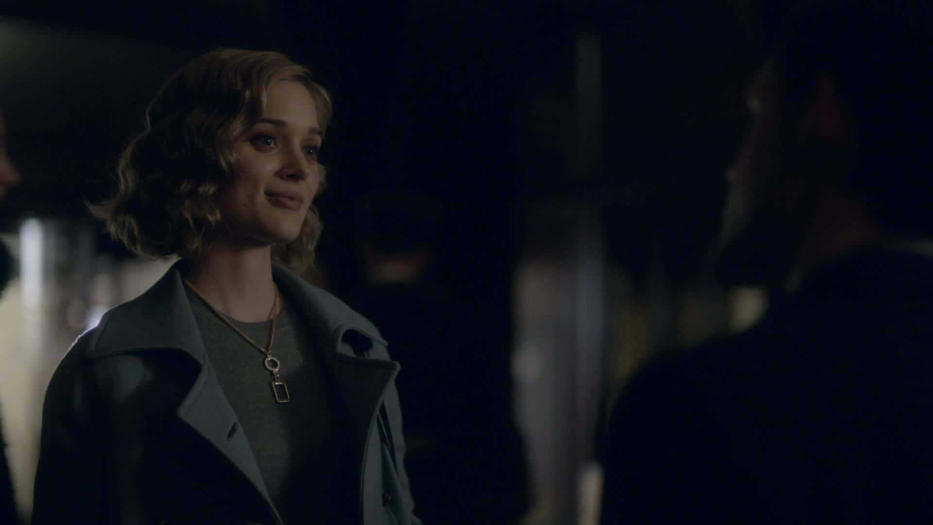 Bella Heathcote, short curly hair, dark coat, Full HD Desktop Wallpaper