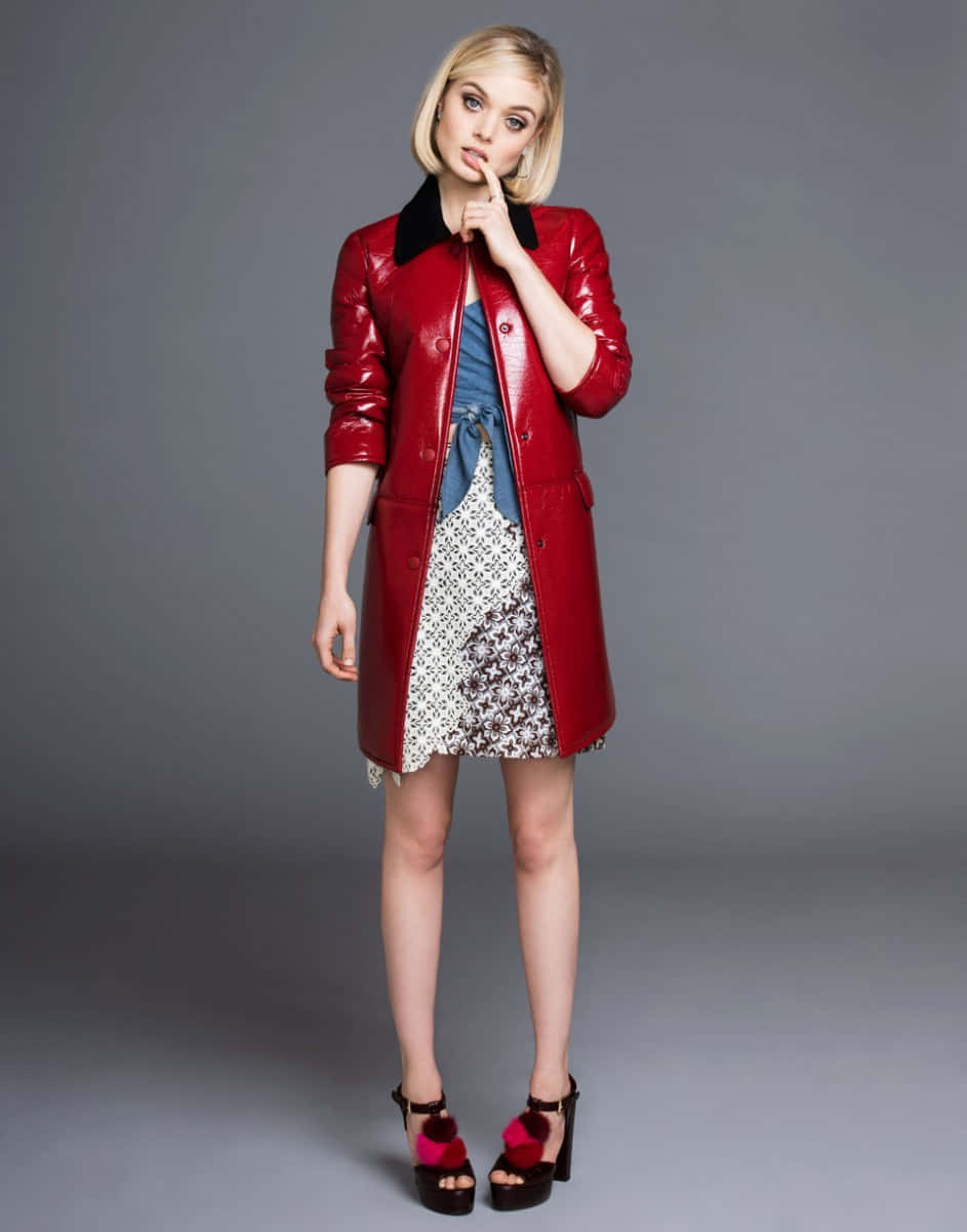 Bella Heathcote, glossy red coat, patterned dress, SD Phone Wallpaper