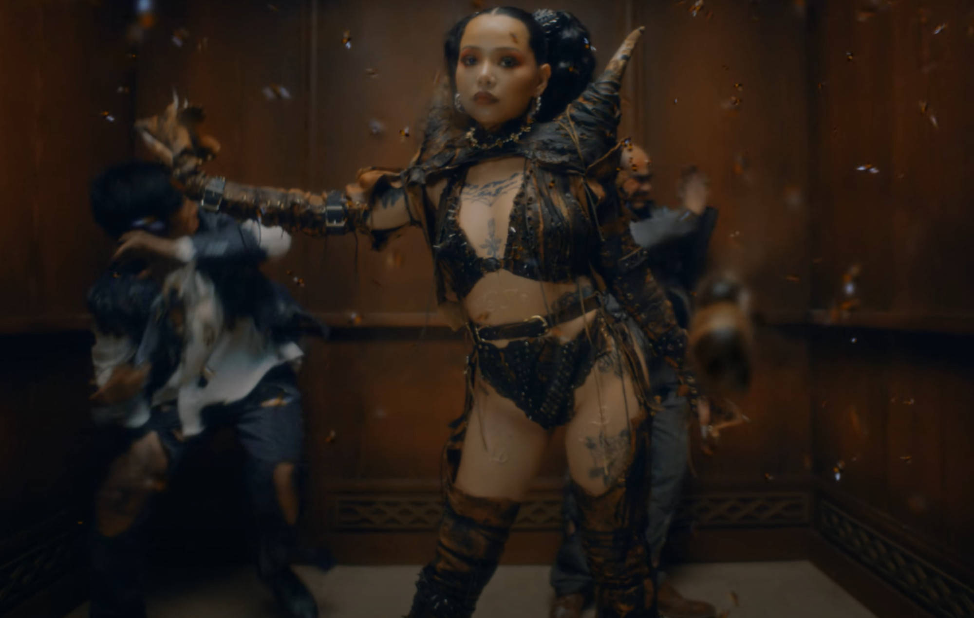 Bella Poarch, dark ornate outfit, wooden elevator, Full HD Desktop Wallpaper
