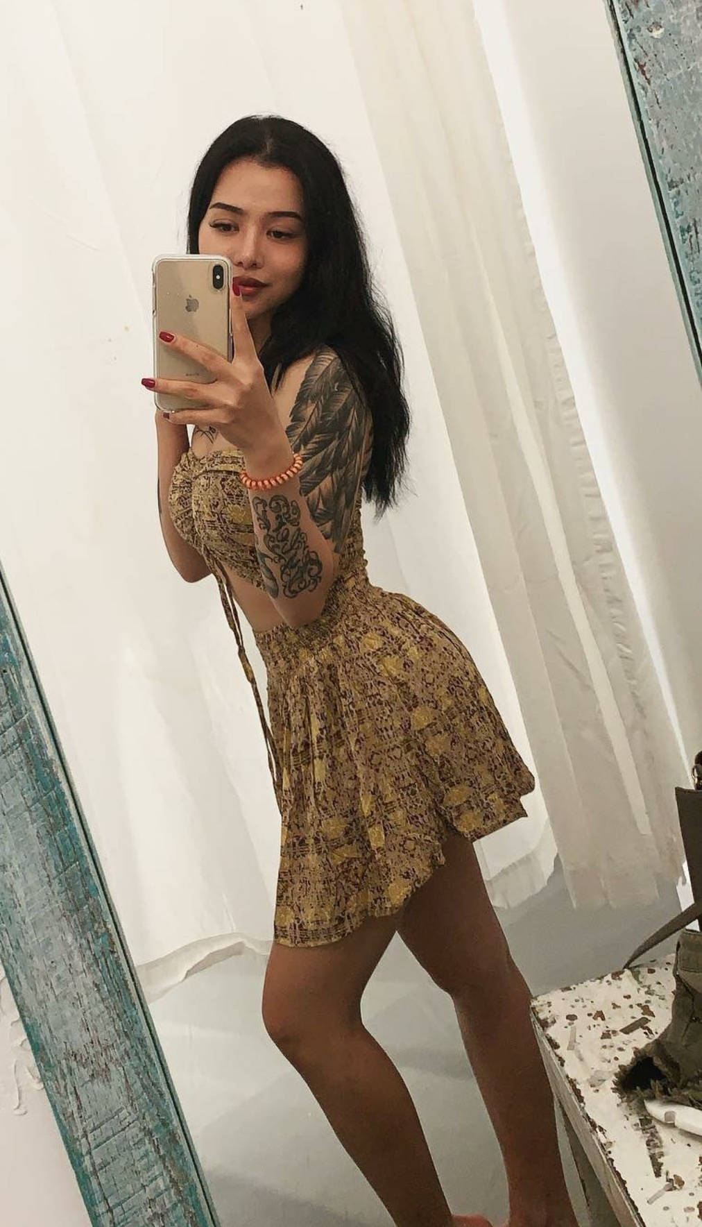 Bella Poarch, mirror selfie, patterned dress, HD Phone Wallpaper