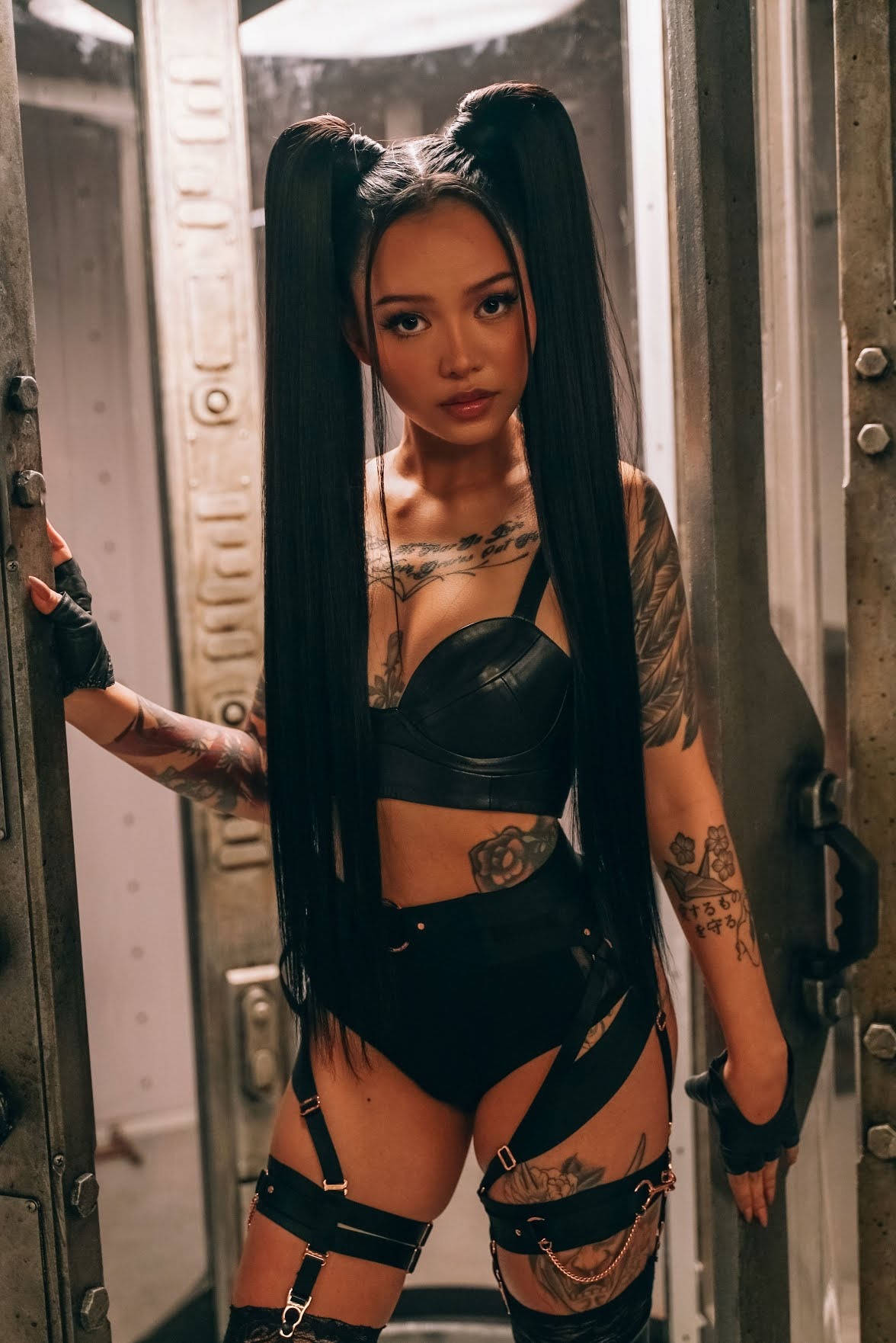 Bella Poarch, long pigtails, metallic doorway, HD Phone Wallpaper