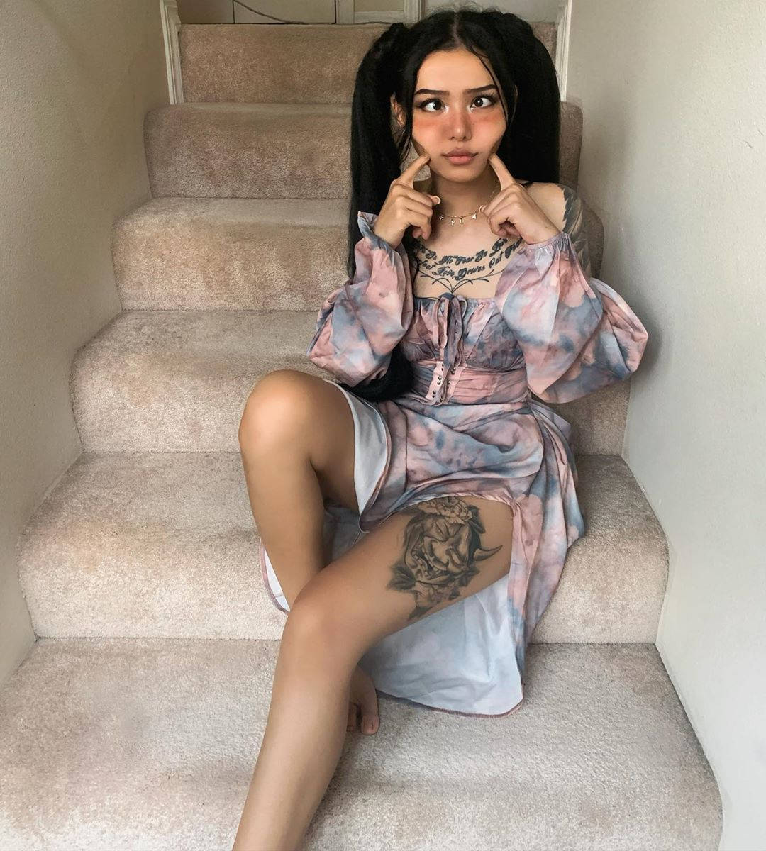 Bella Poarch, long black pigtails, pastel tie-dye dress, SD Phone Wallpaper