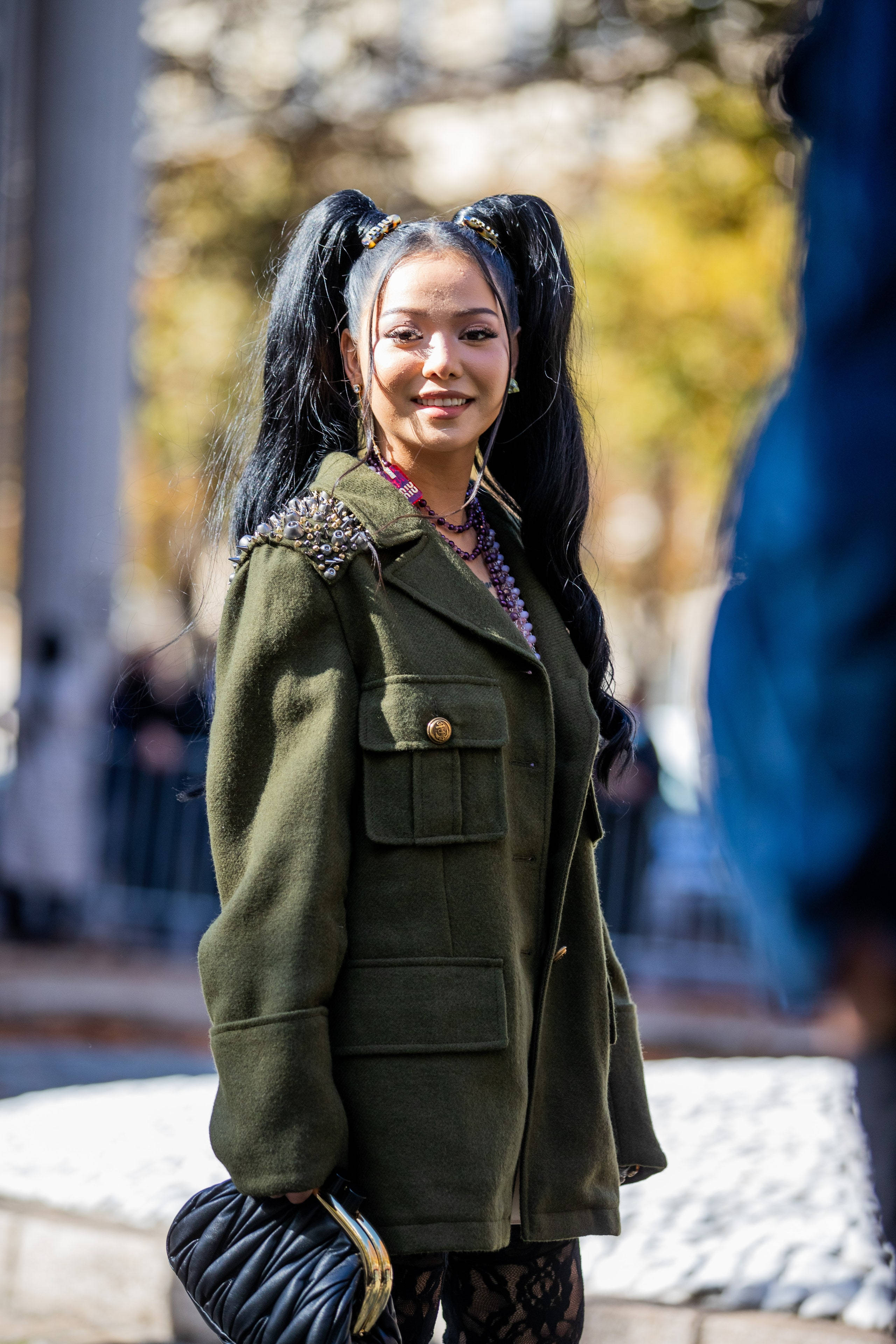 Bella Poarch, black pigtails, olive green military jacket, 4K Phone Wallpaper