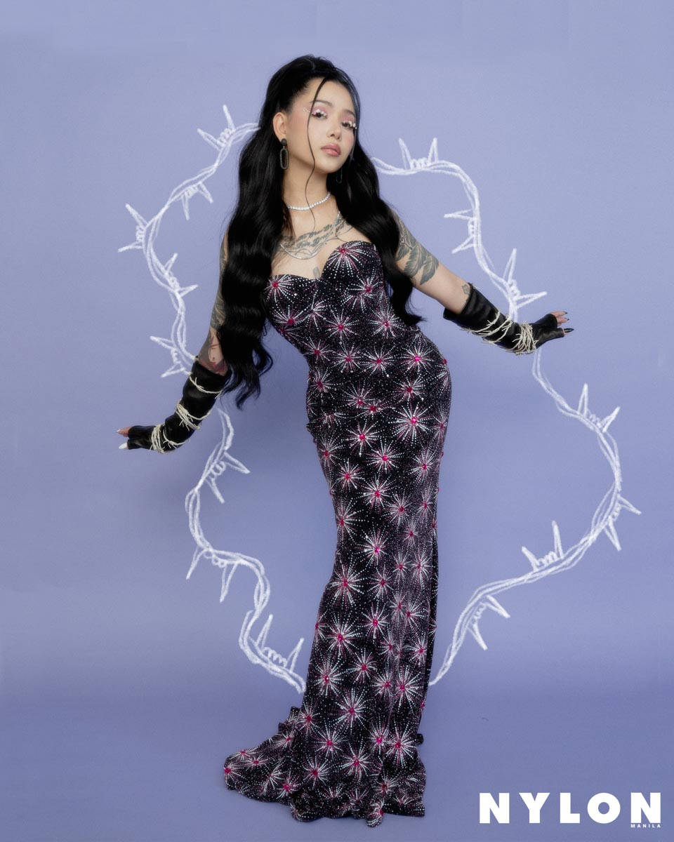 Bella Poarch, star-patterned gown, glowing barbed wire, SD Phone Wallpaper
