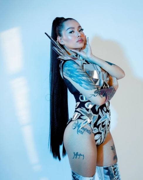Bella Poarch, metallic bodysuit, long black hair, SD Phone Wallpaper