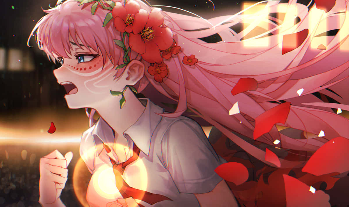Belle Anime, pink-haired anime girl, floral crown, SD Desktop Wallpaper
