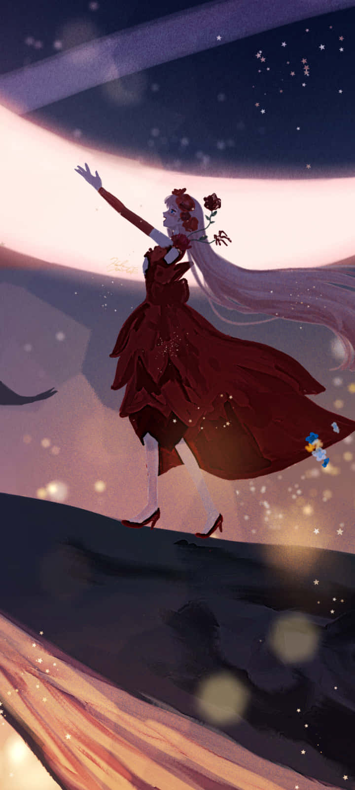 Belle Anime, magical hill, red dress, HD Phone Wallpaper
